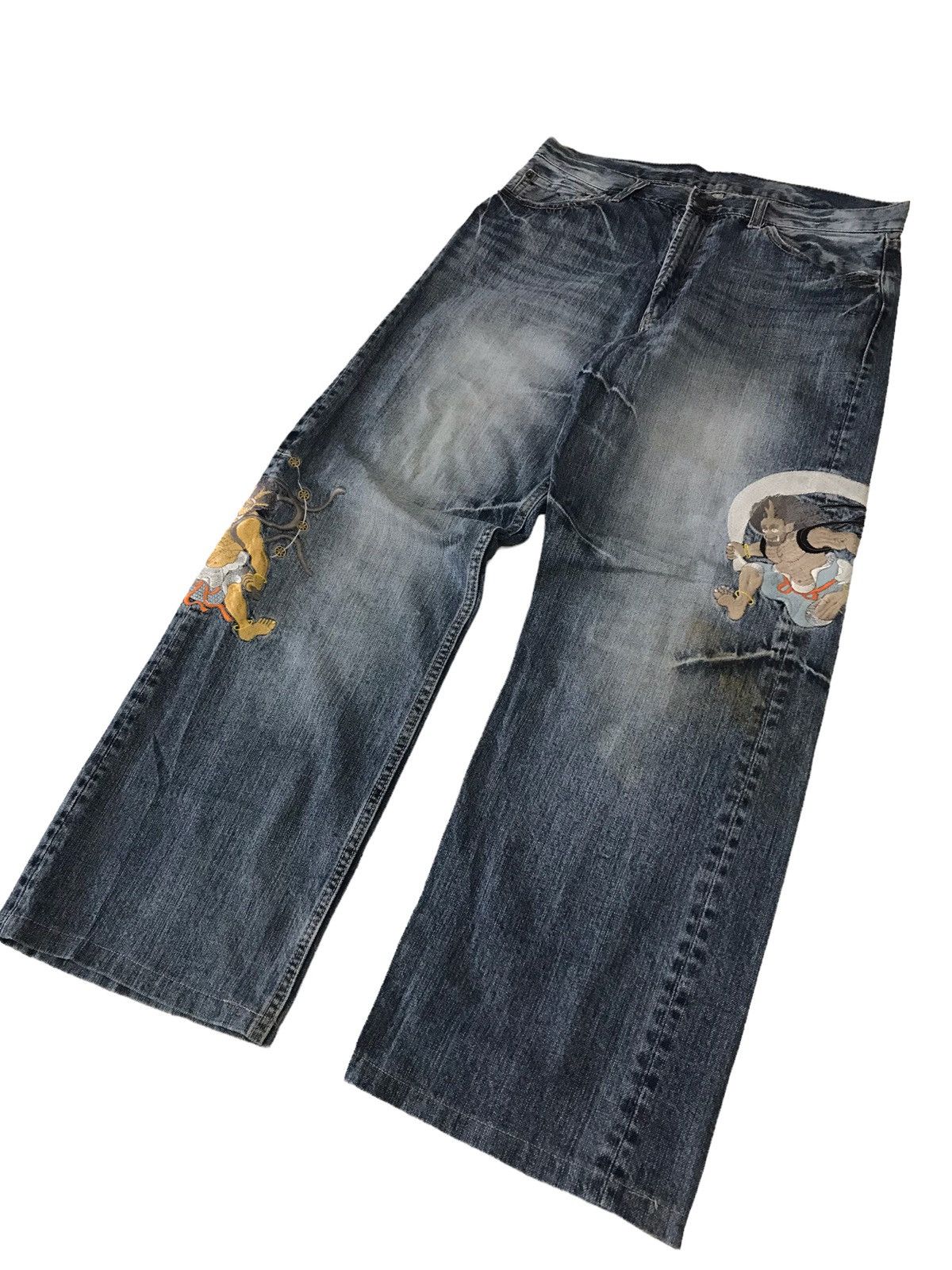 Japanese Brand 💥RAIIJIN💥 Japanese God Embroidery Distressed Denim Pant Size US 31 - 3 Thumbnail