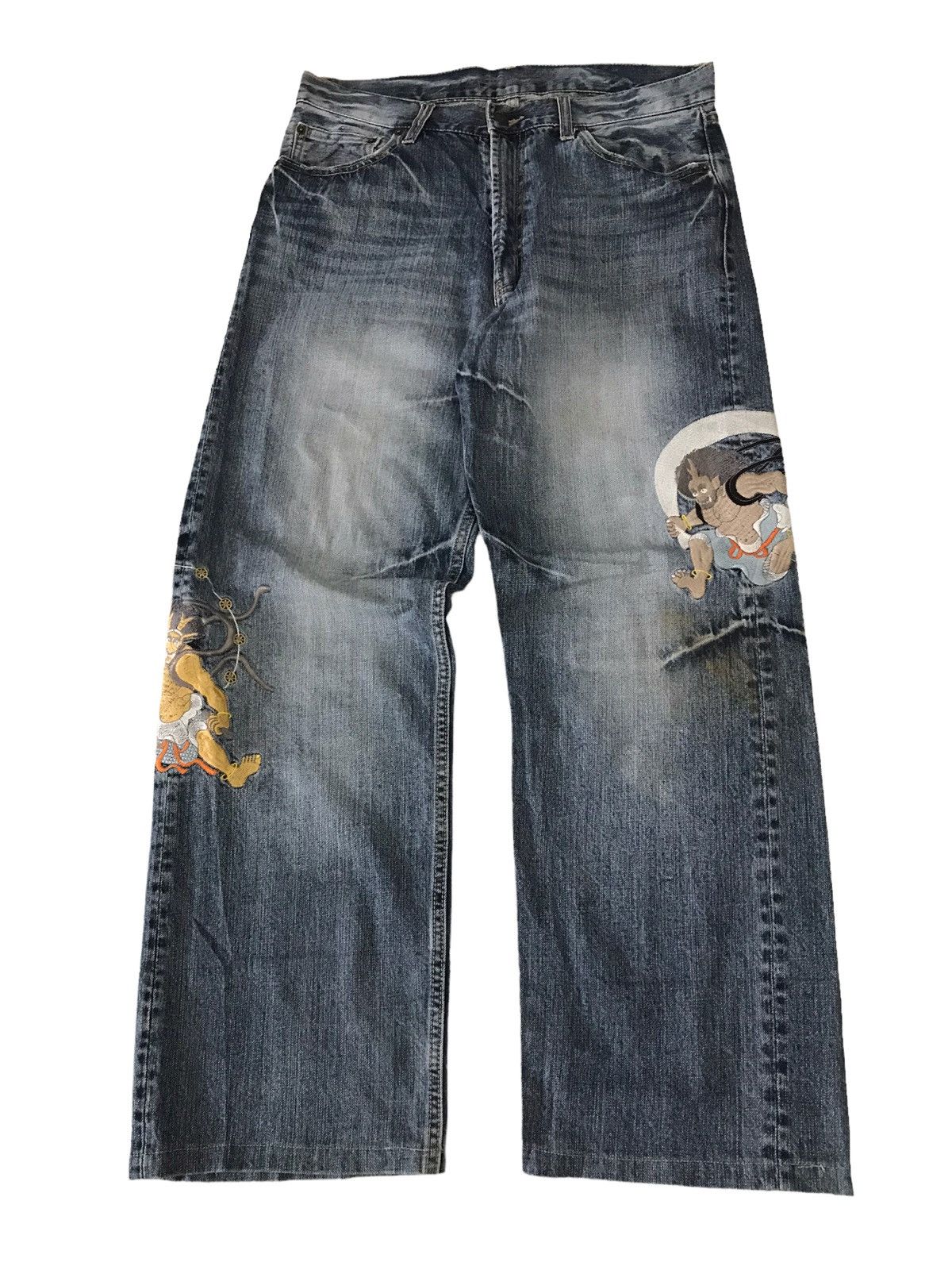 Japanese Brand 💥RAIIJIN💥 Japanese God Embroidery Distressed Denim Pant Size US 31 - 2 Thumbnail