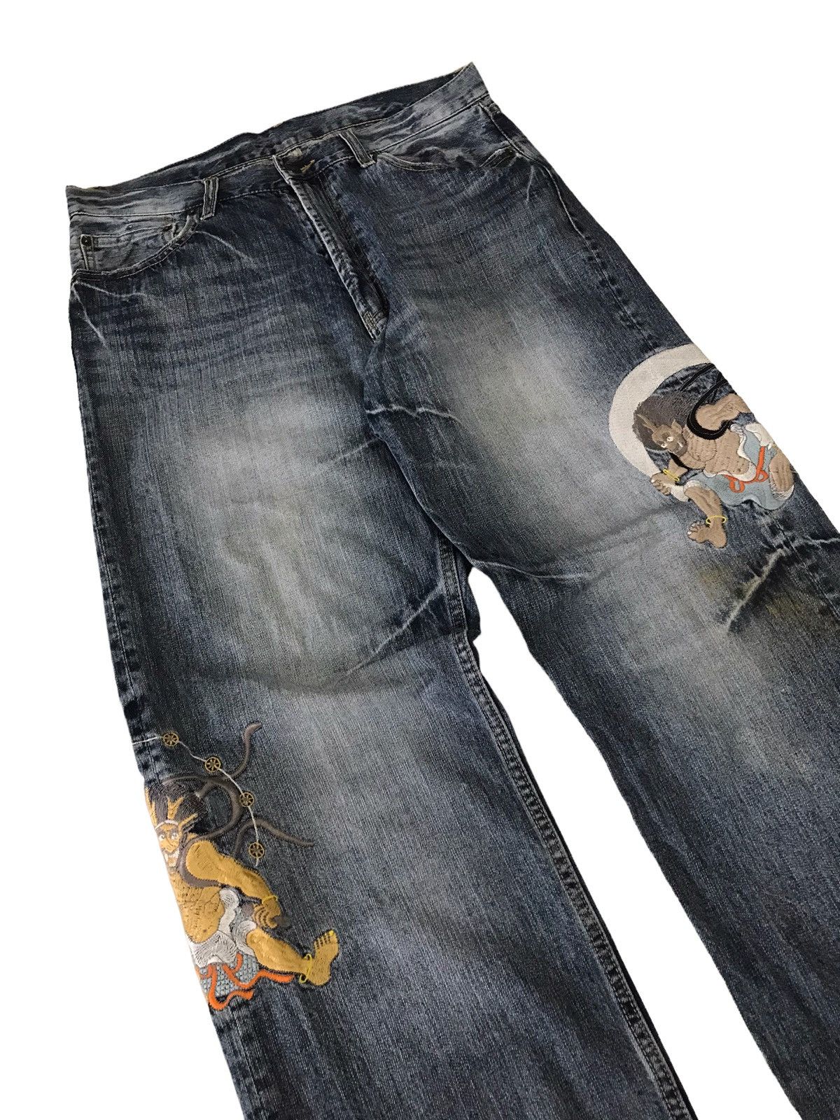 Japanese Brand 💥RAIIJIN💥 Japanese God Embroidery Distressed Denim Pant Size US 31 - 4 Thumbnail