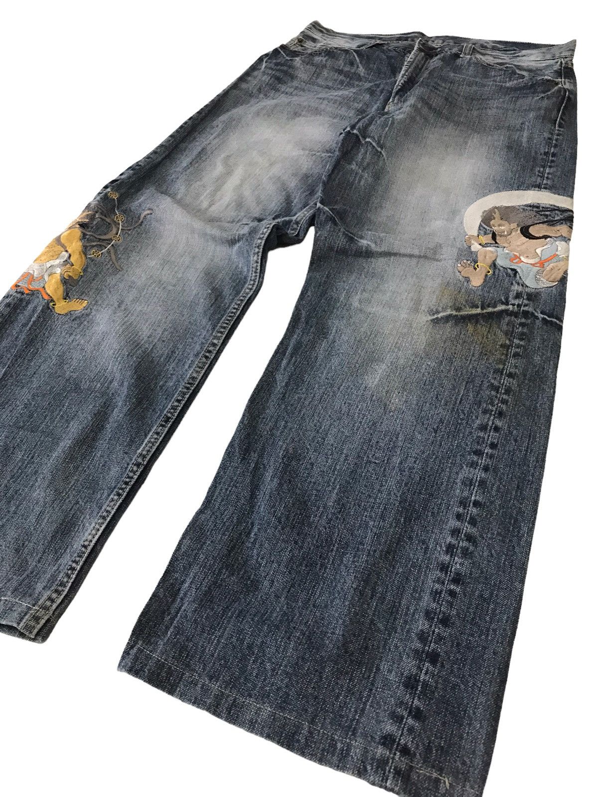 Japanese Brand 💥RAIIJIN💥 Japanese God Embroidery Distressed Denim Pant Size US 31 - 5 Thumbnail