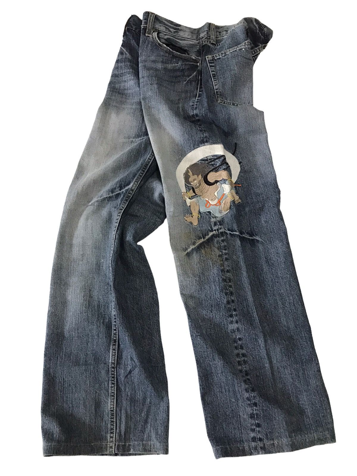 Japanese Brand 💥RAIIJIN💥 Japanese God Embroidery Distressed Denim Pant Size US 31 - 11 Thumbnail