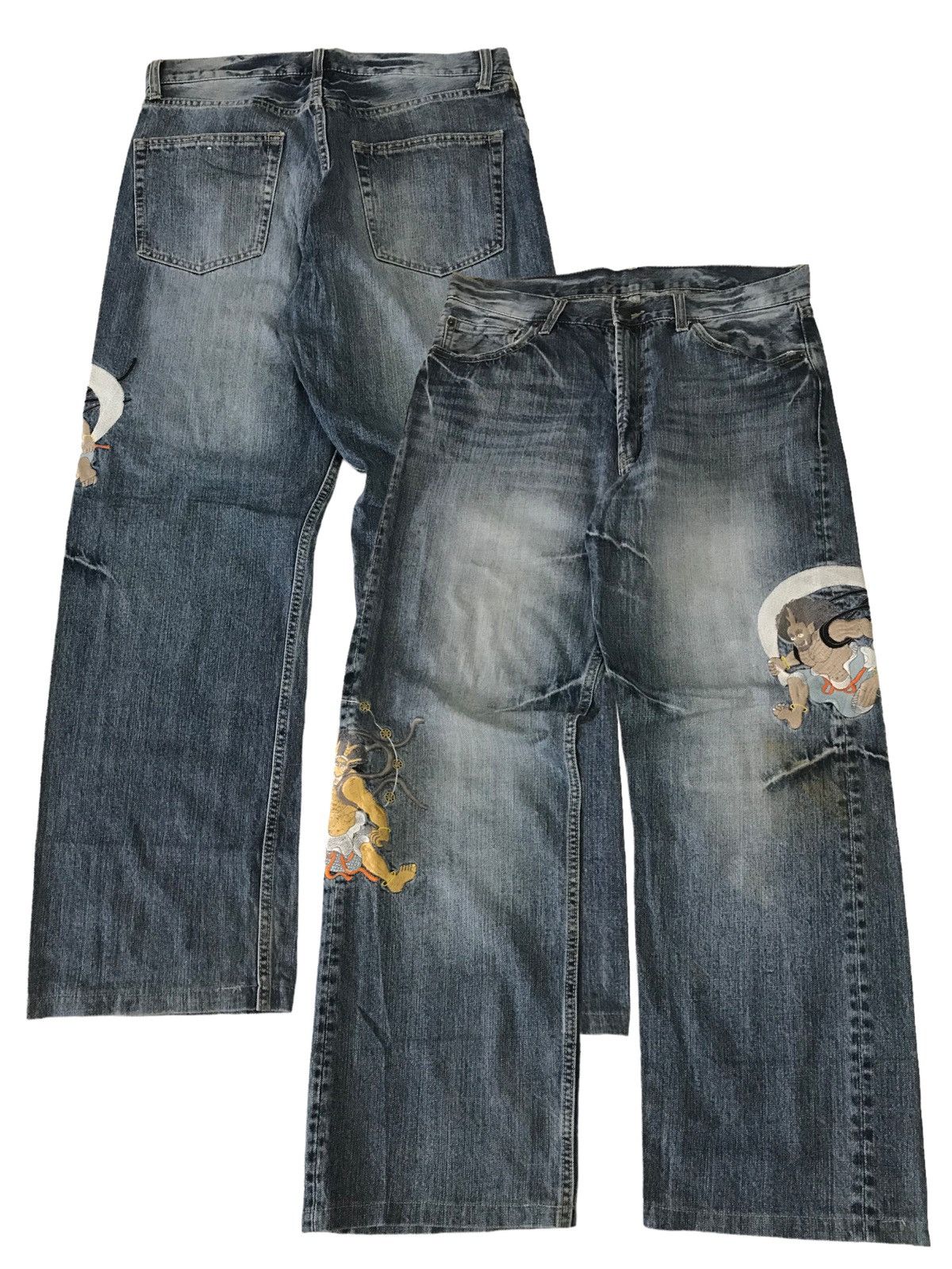 Japanese Brand 💥RAIIJIN💥 Japanese God Embroidery Distressed Denim Pant Size US 31 - 1 Thumbnail