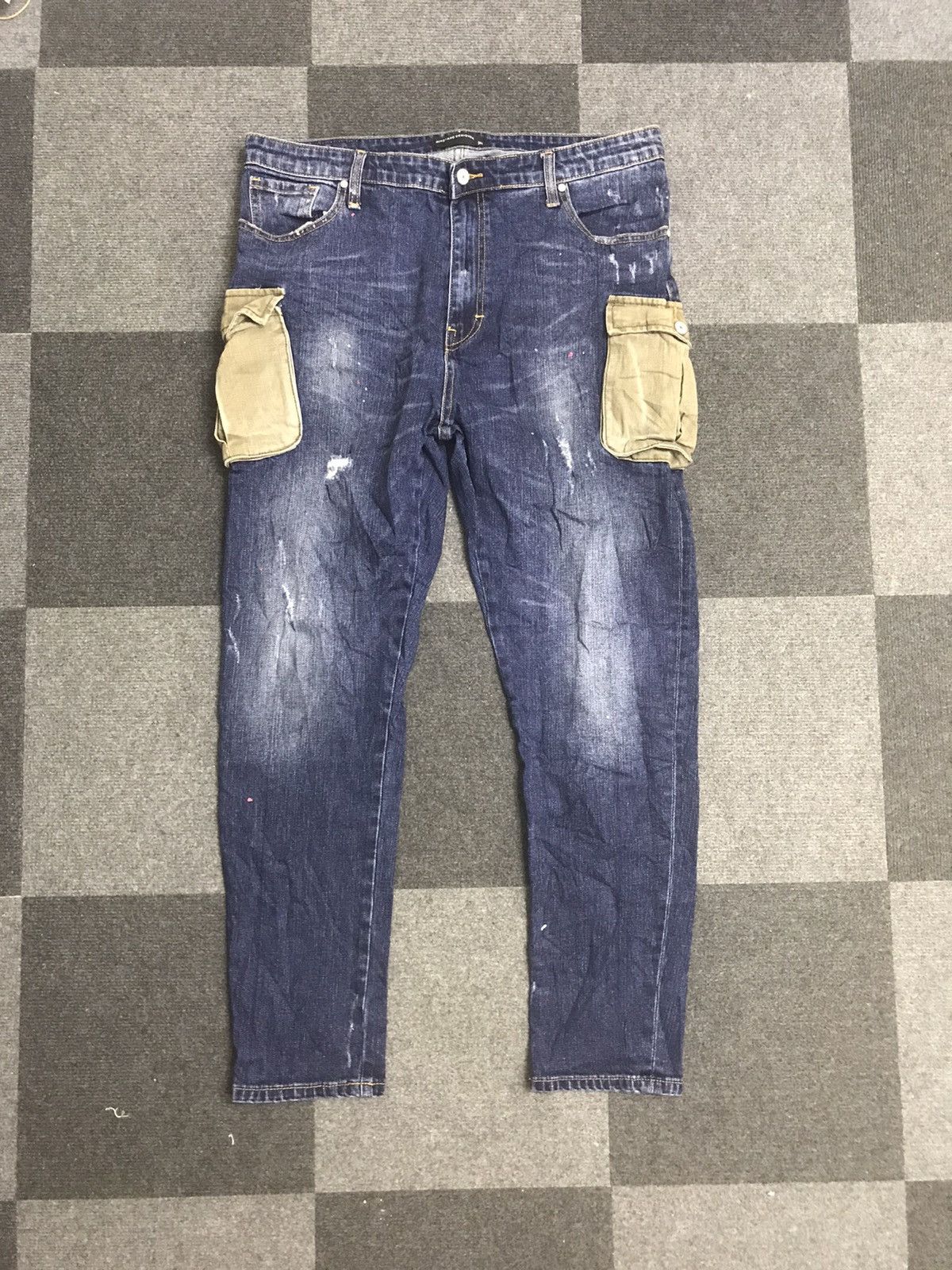 image of Distressed Denim x Seditionaries Mingtan Two Tones Distressed Cargo Jeans in Denim, Men's (Size 36)