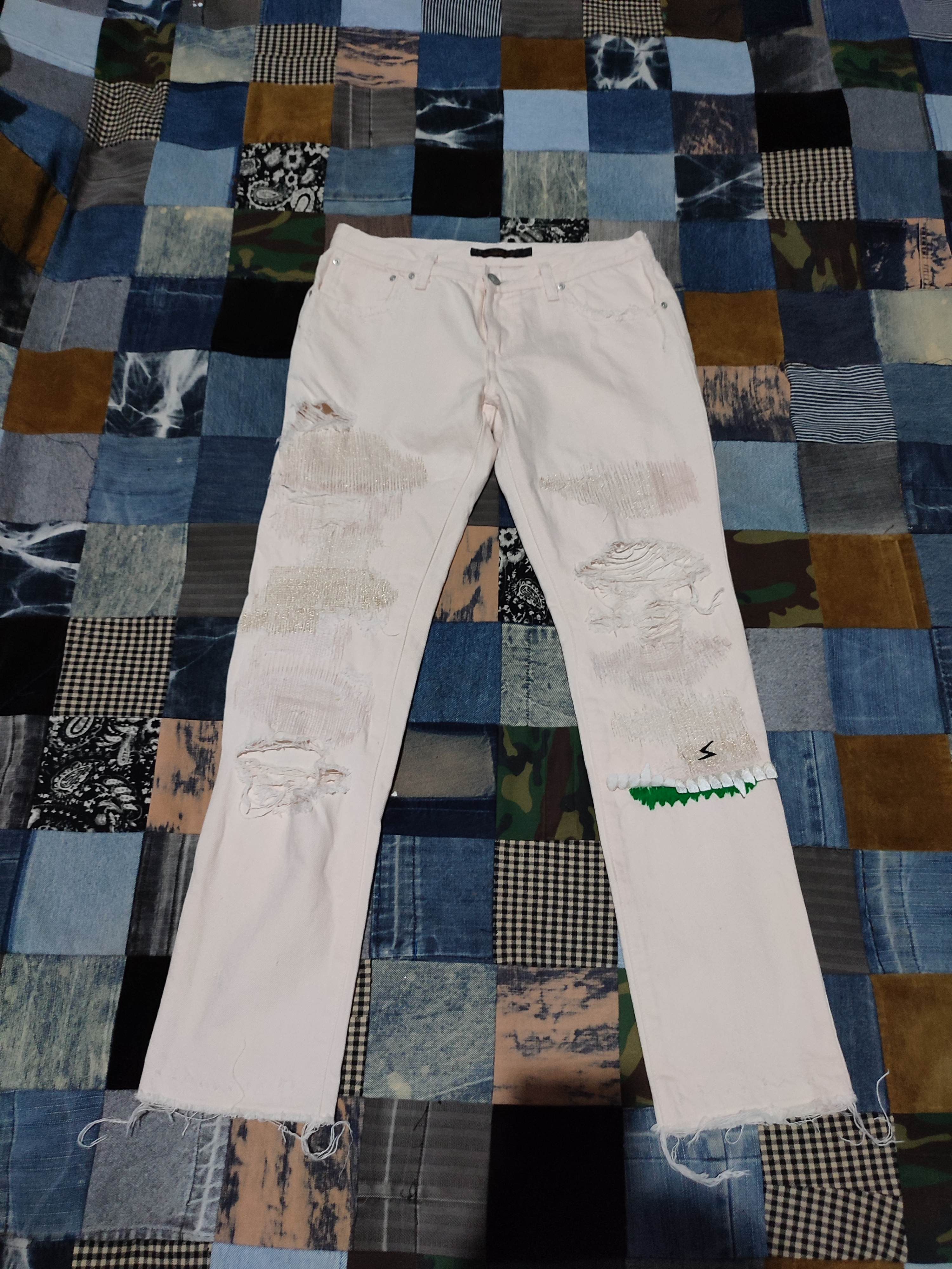 image of Avant Garde x Undercover Ss05 But Beautiful Ii 5S 68Gold Stiched Distressed Denim in Soft Pink, Wom