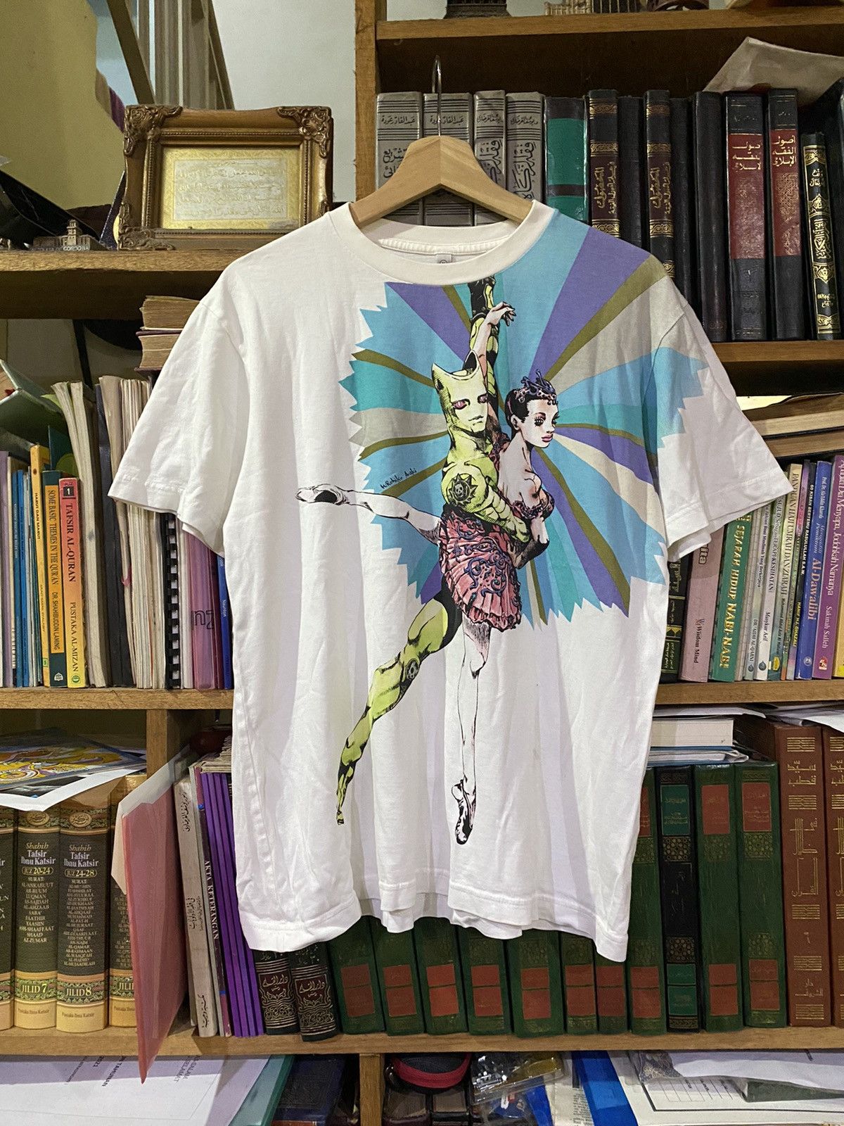 image of Anima x Vintage Jojo Bizarre Adventure Killer Queen Anime Manga Shirt in White, Men's (Size Medium)