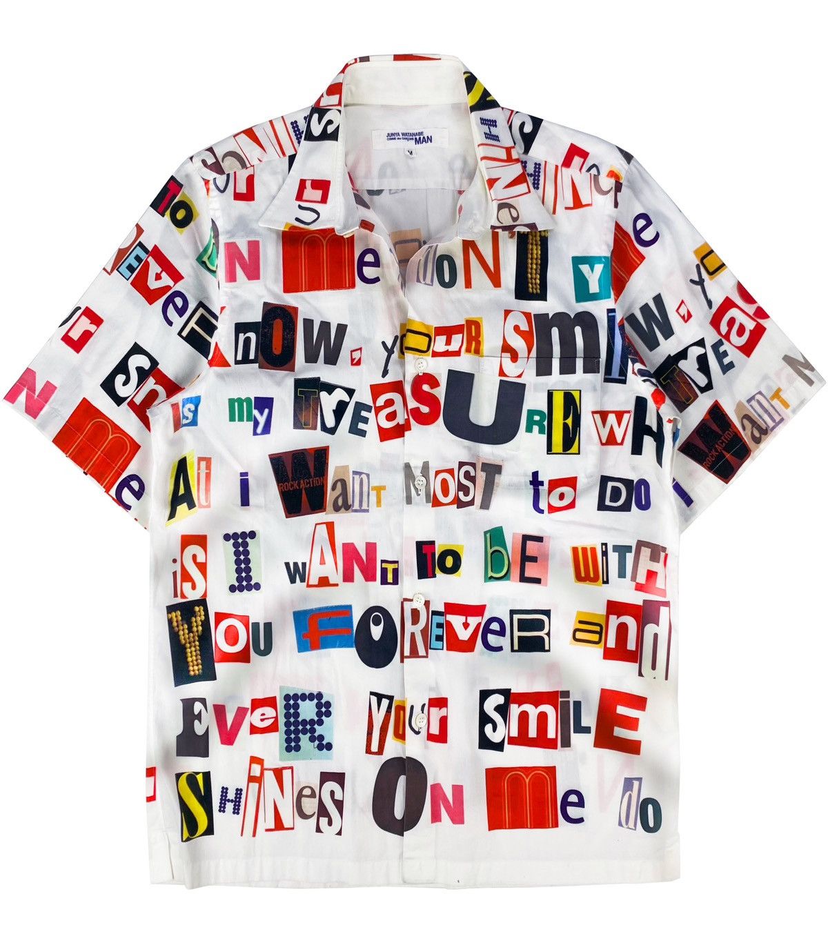 image of Ss02 Junya Watanabe ‘Ransom Note’ Graphic Camp Collar Shirt in White, Men's (Size Medium)