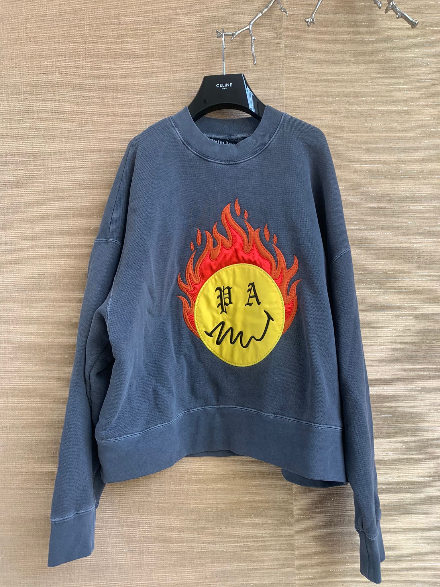 image of Palm Angels Burning Smile Head Sweater In Grey in Black White, Men's (Size Medium)