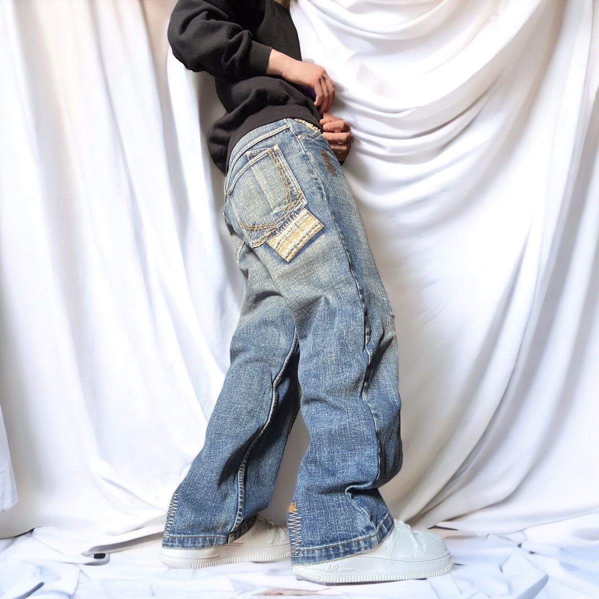 image of 90's Karl Kani Patchwork Denim Baggy Jeans in Stone Blue, Men's (Size 30)