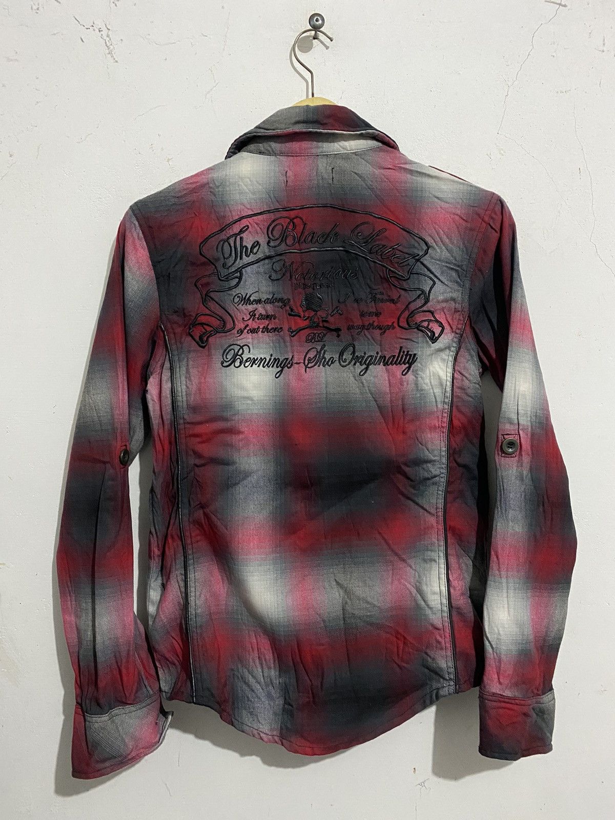 image of 14Th Addiction x Kmrii Japanese-Berningsho Flannel Zipper Patched in Black Red White (Size Medium)