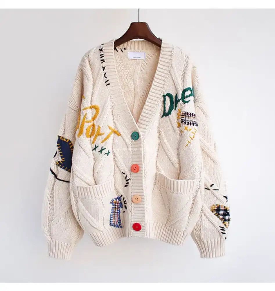 Japanese Brand New Pocket Embroidery Fashion Knit Cardigans Size XXL / US 16-18 / IT 52-54 - 1 Thumbnail