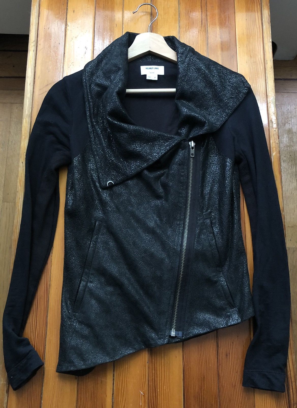 image of Helmut Lang Cracked Leather Asymmetric Motorcycle Jacket in Black, Women's (Size Small)