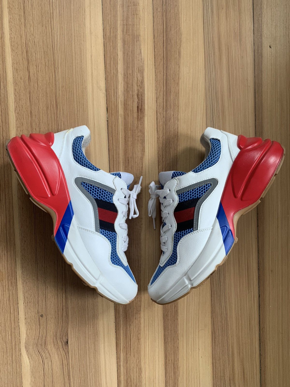 image of Gucci White And Blue Rython Sneakers, Men's (Size 8.5)