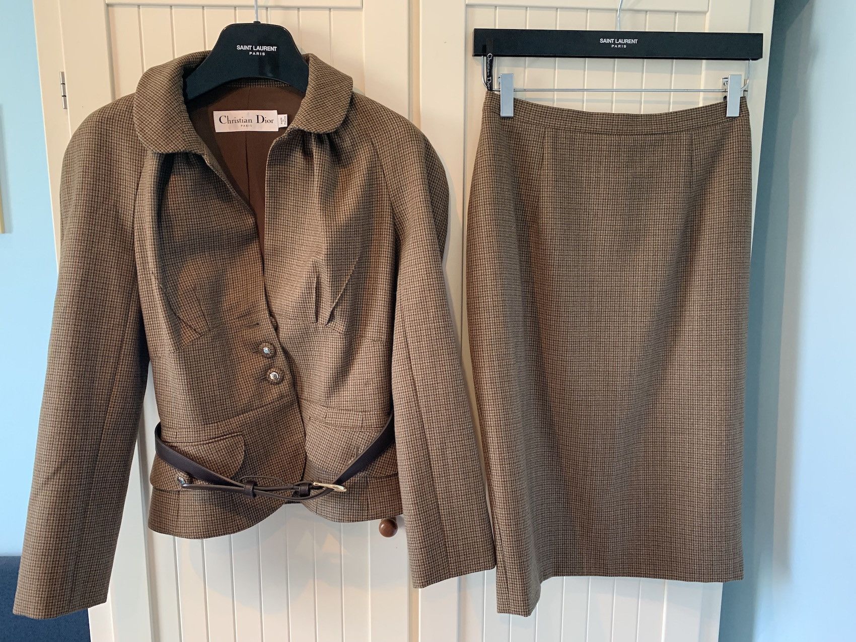 image of Dior Fw'16 Suit Belted In Houndstooth Tweed in Brown, Women's (Size Medium)