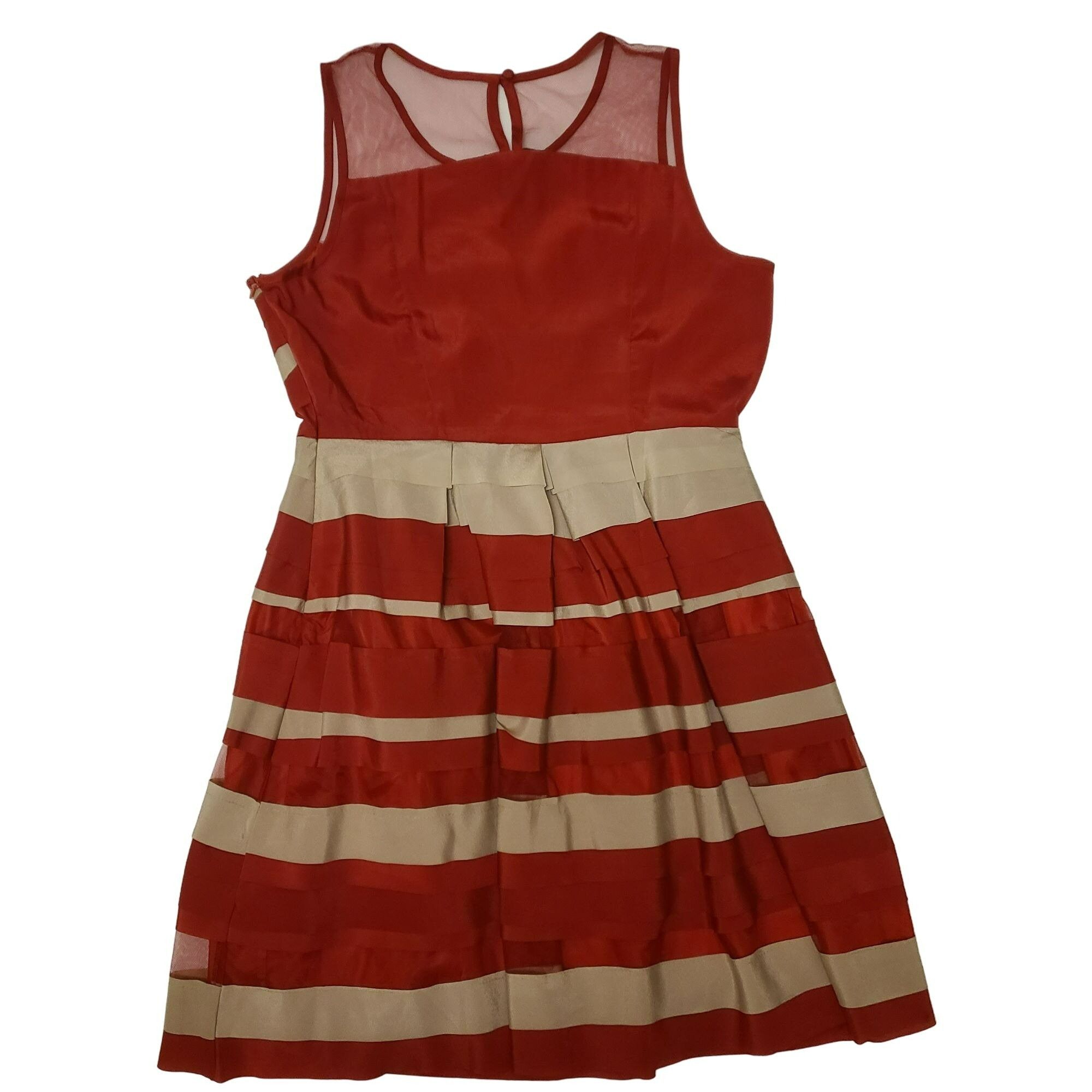 Ryu Fit and Flare Midi Dress Layered Red and Tan Women's L