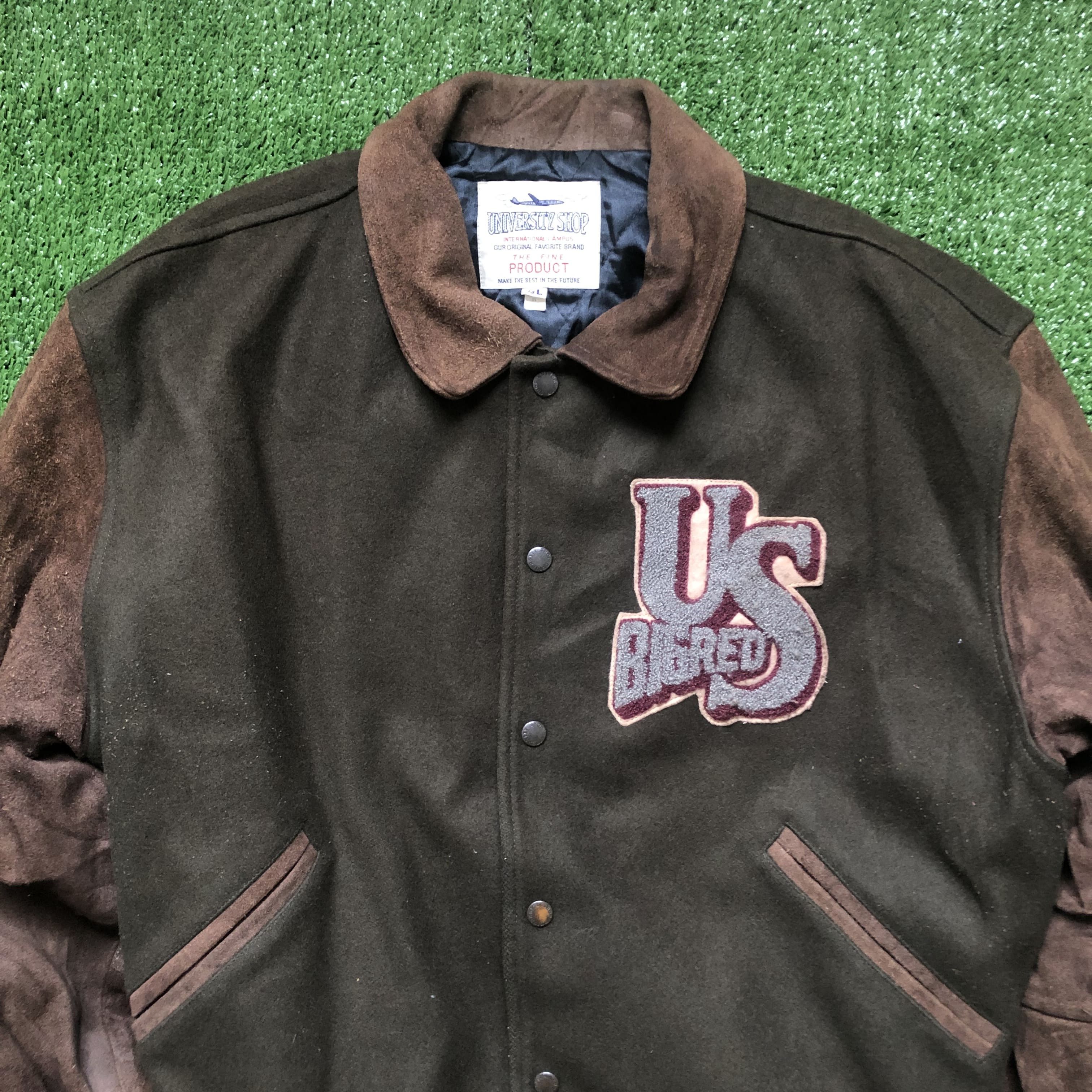 Vintage Vintage Uni Shop Suede Leather Sleeve Letterman Jacket Size US L / EU 52-54 / 3 - 5 Thumbnail