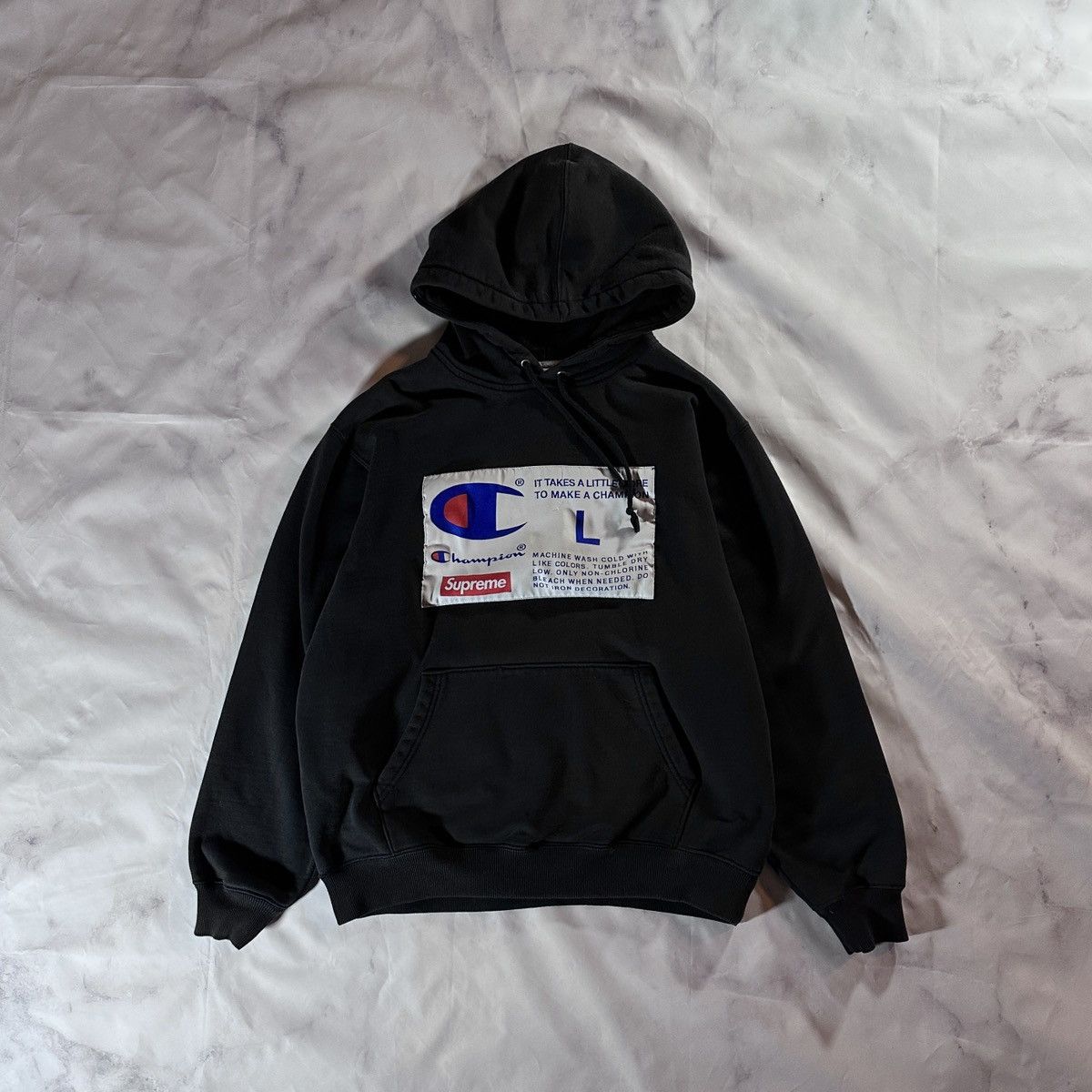 image of Champion x Supreme Black Label Hoodie, Men's (Size Large)