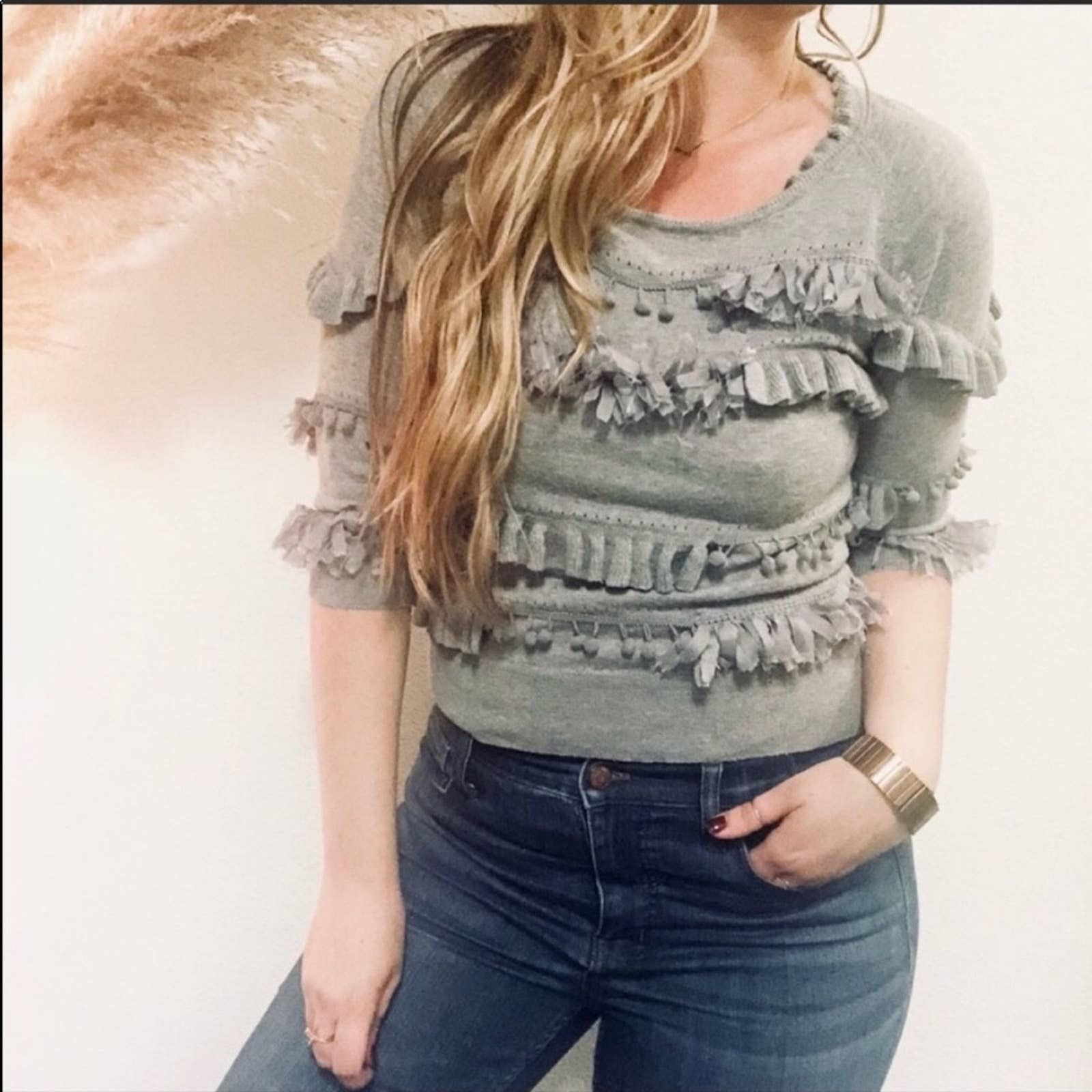 ANTHROPOLOGIE Knitted Knotted Ruffle Pom Fringe Sweater