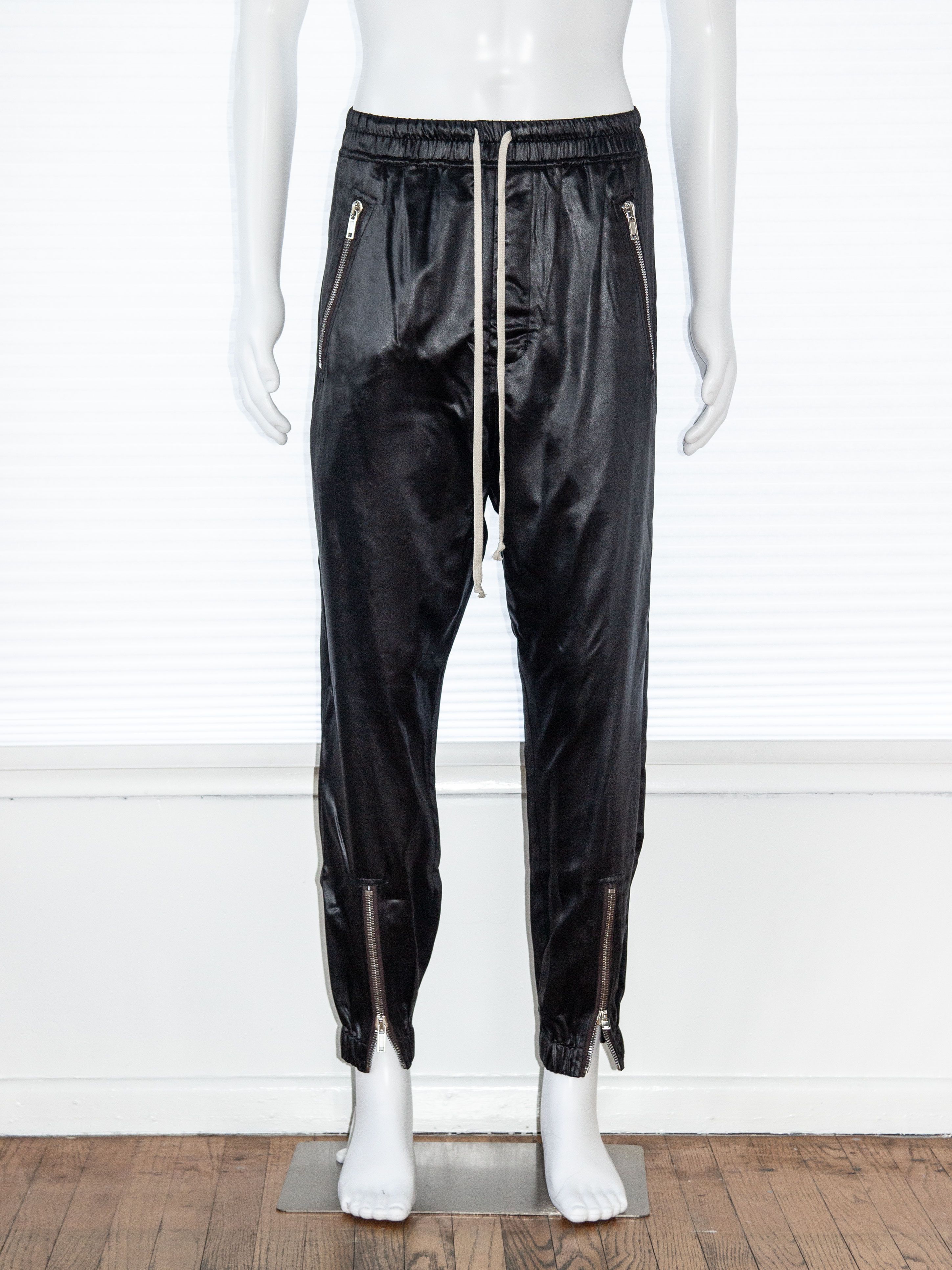 image of Rick Owens Ss20 Tecuatl Satin Front Zip Track Lounge Pants Joggers in Black, Men's (Size 30)