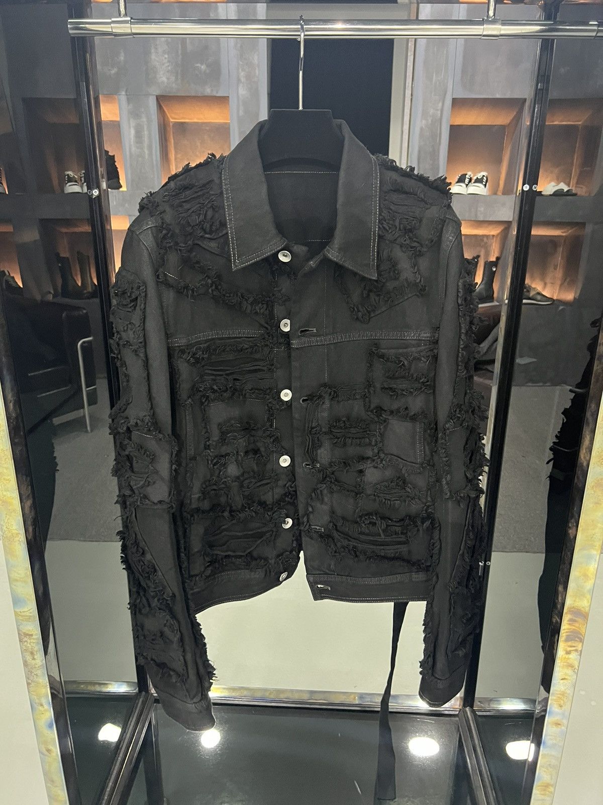 image of Rick Owens Cropped Distressed Patchwork Worker Jacket in Black, Men's (Size Medium)