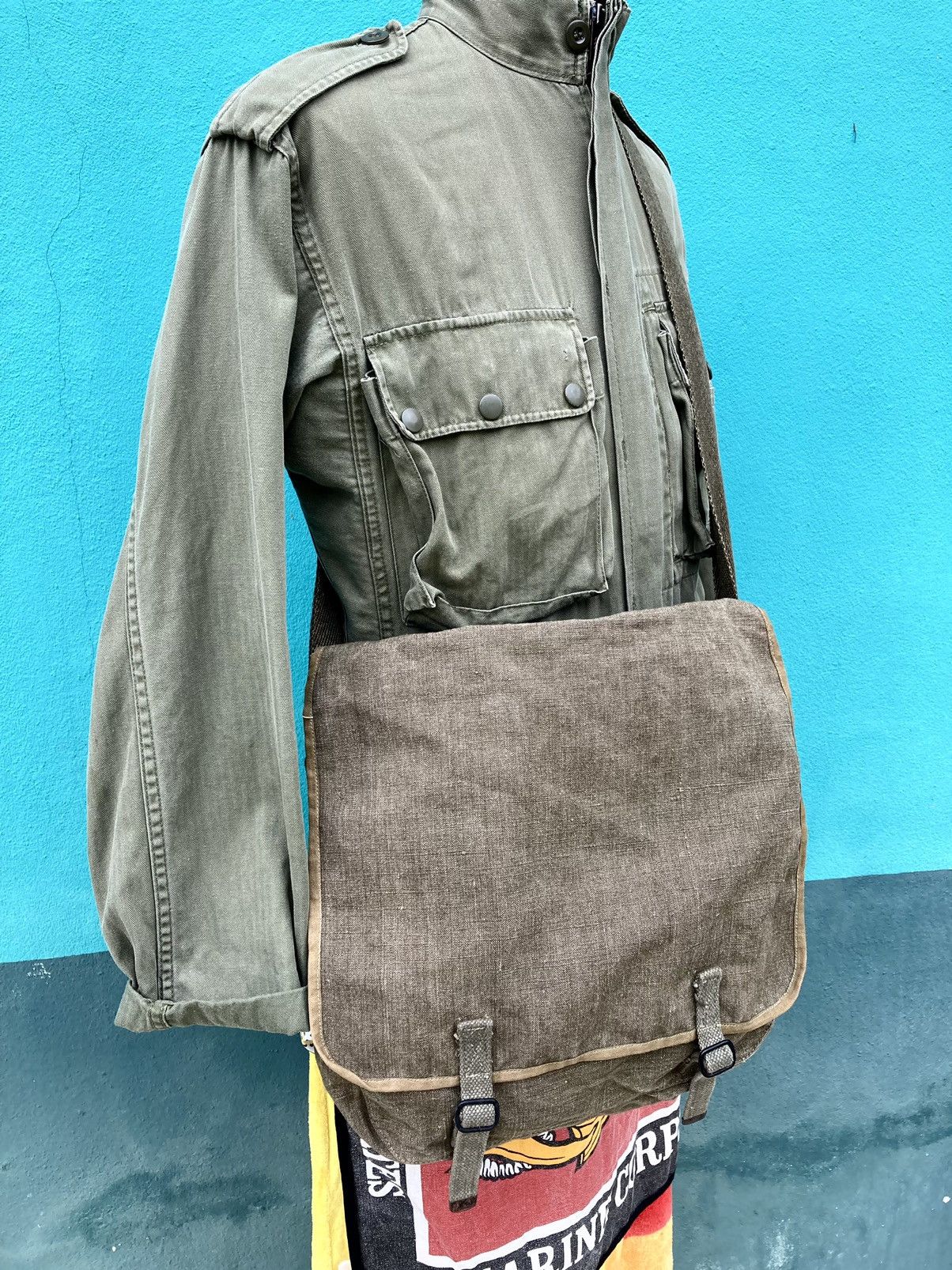 Vintage Unissued 1950s France Military Linen Shoulder Bag