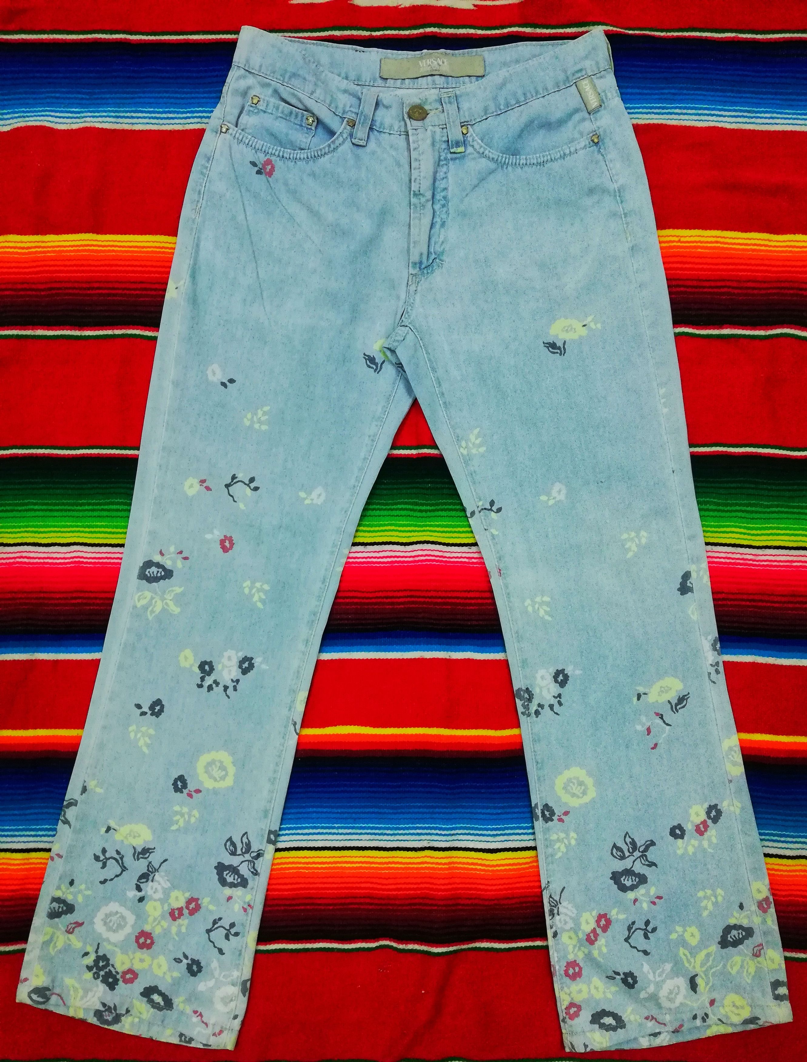 image of Versace x Versace Jeans Couture Floral Painted Straight Cut Pants in Faded Blue, Men's (Size 27)