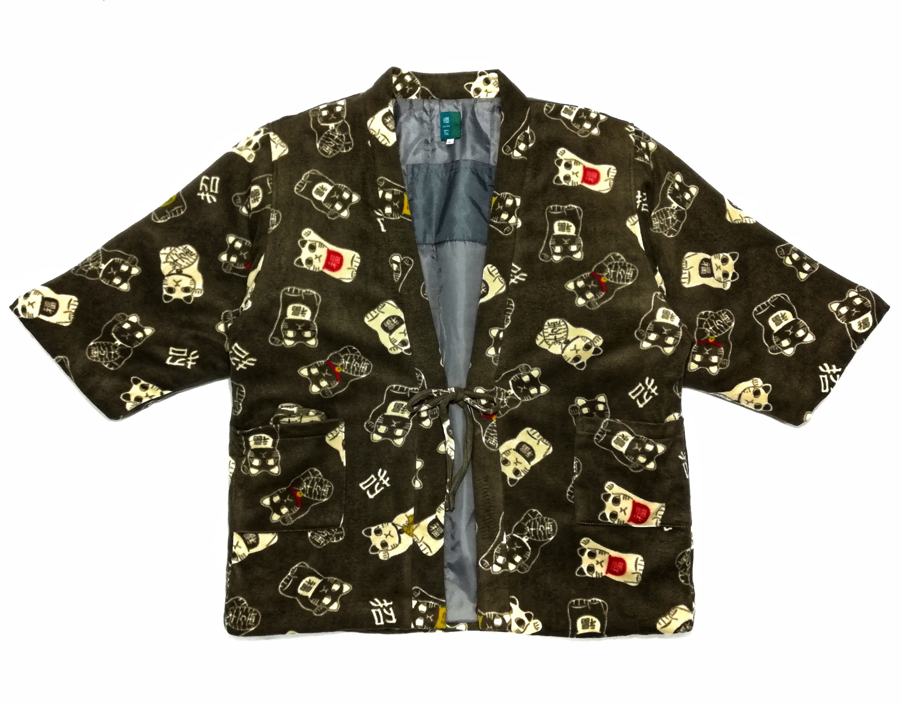 Japanese Brand 🔥Hanten Traditional Light Puffer Kimono Fleece Cat Print Size US L / EU 52-54 / 3 - 1 Thumbnail