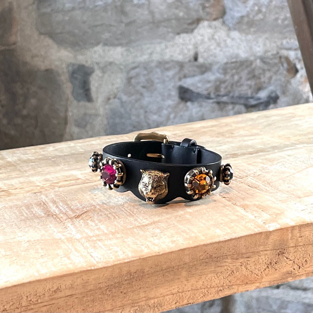 Gucci Gucci Black Leather Feline Stone Studded Bracelet Size ONE SIZE - 1 Thumbnail