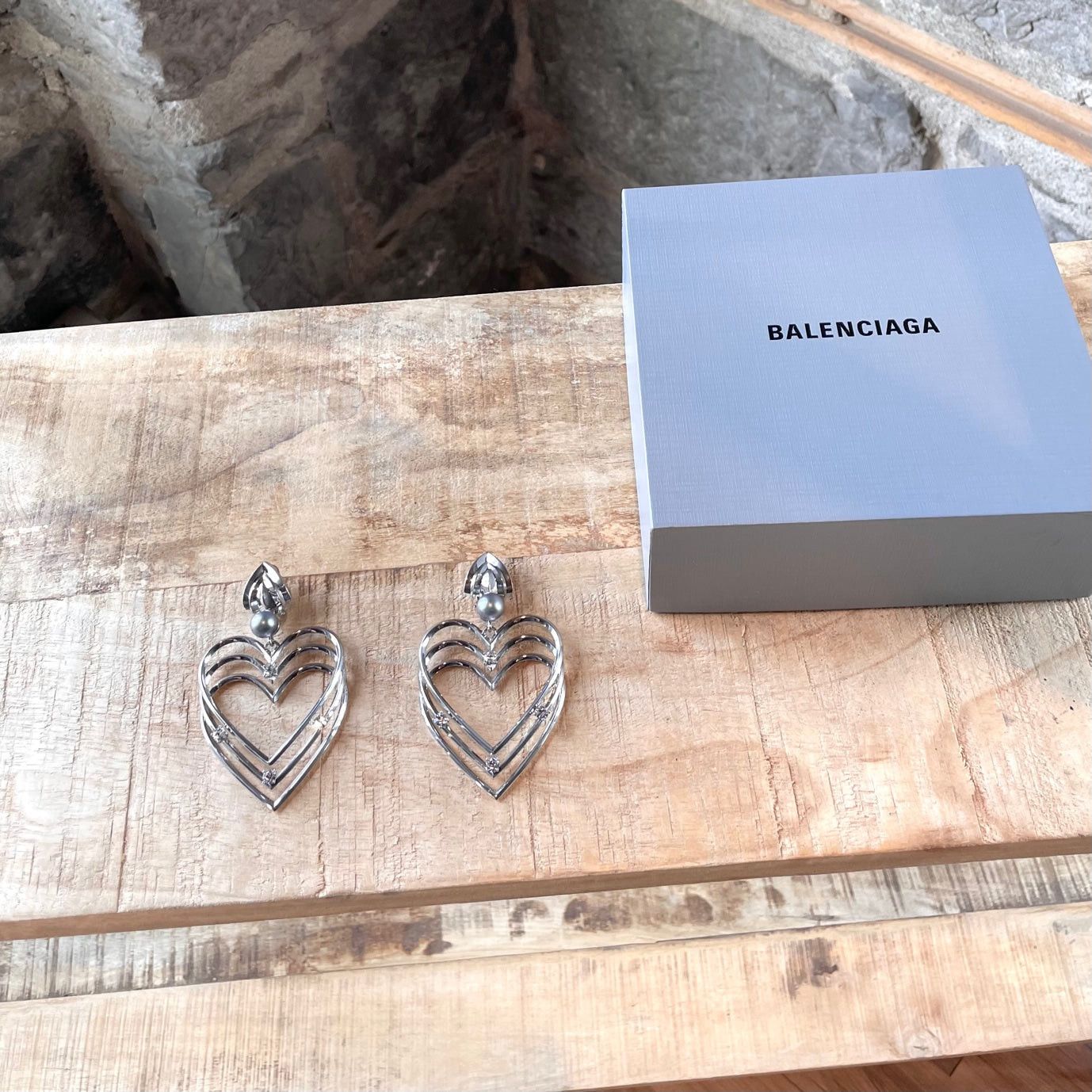Balenciaga Balenciaga Silver Crystals Pearl Triple Hearts Earring Size ONE SIZE - 1 Thumbnail