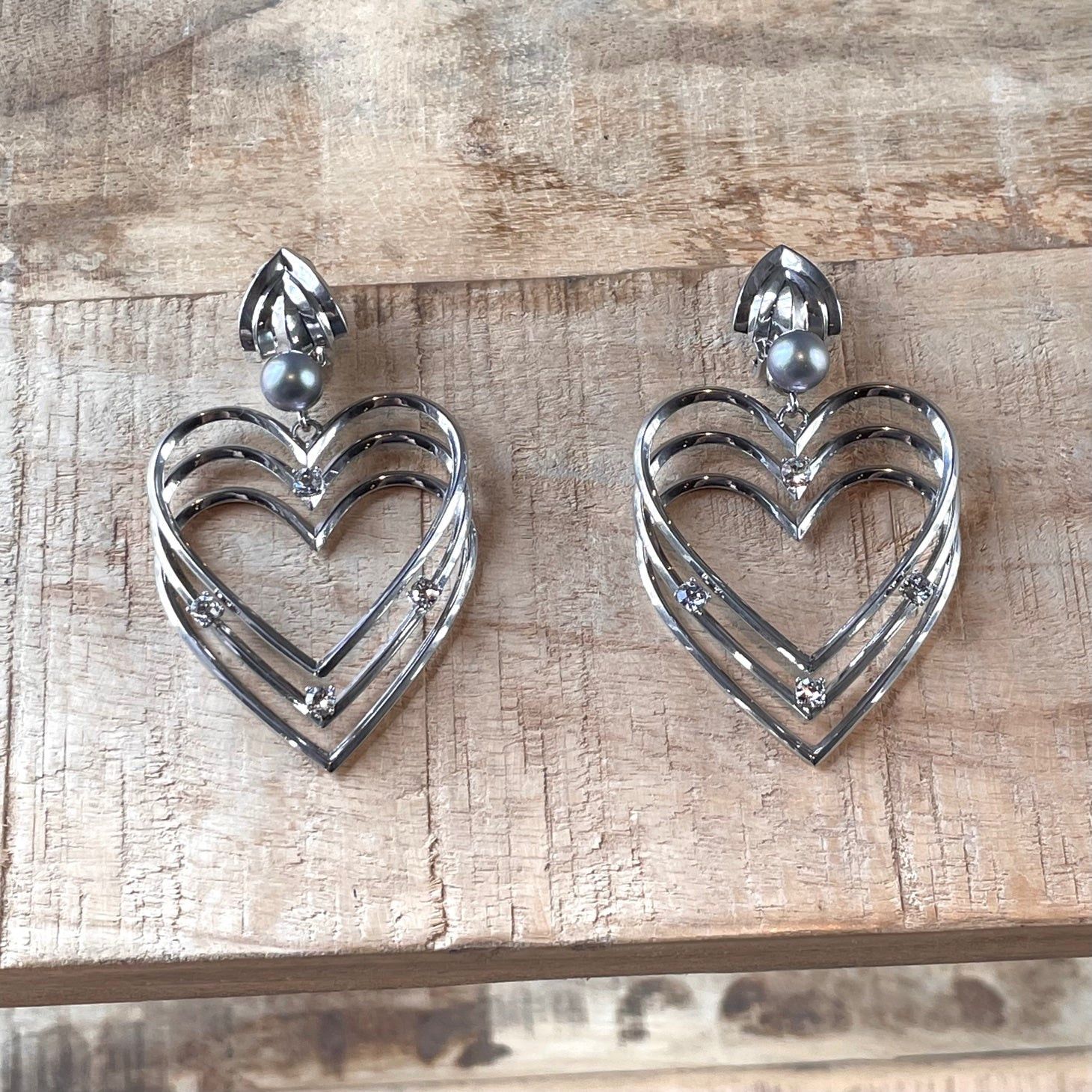 Balenciaga Balenciaga Silver Crystals Pearl Triple Hearts Earring Size ONE SIZE - 4 Thumbnail
