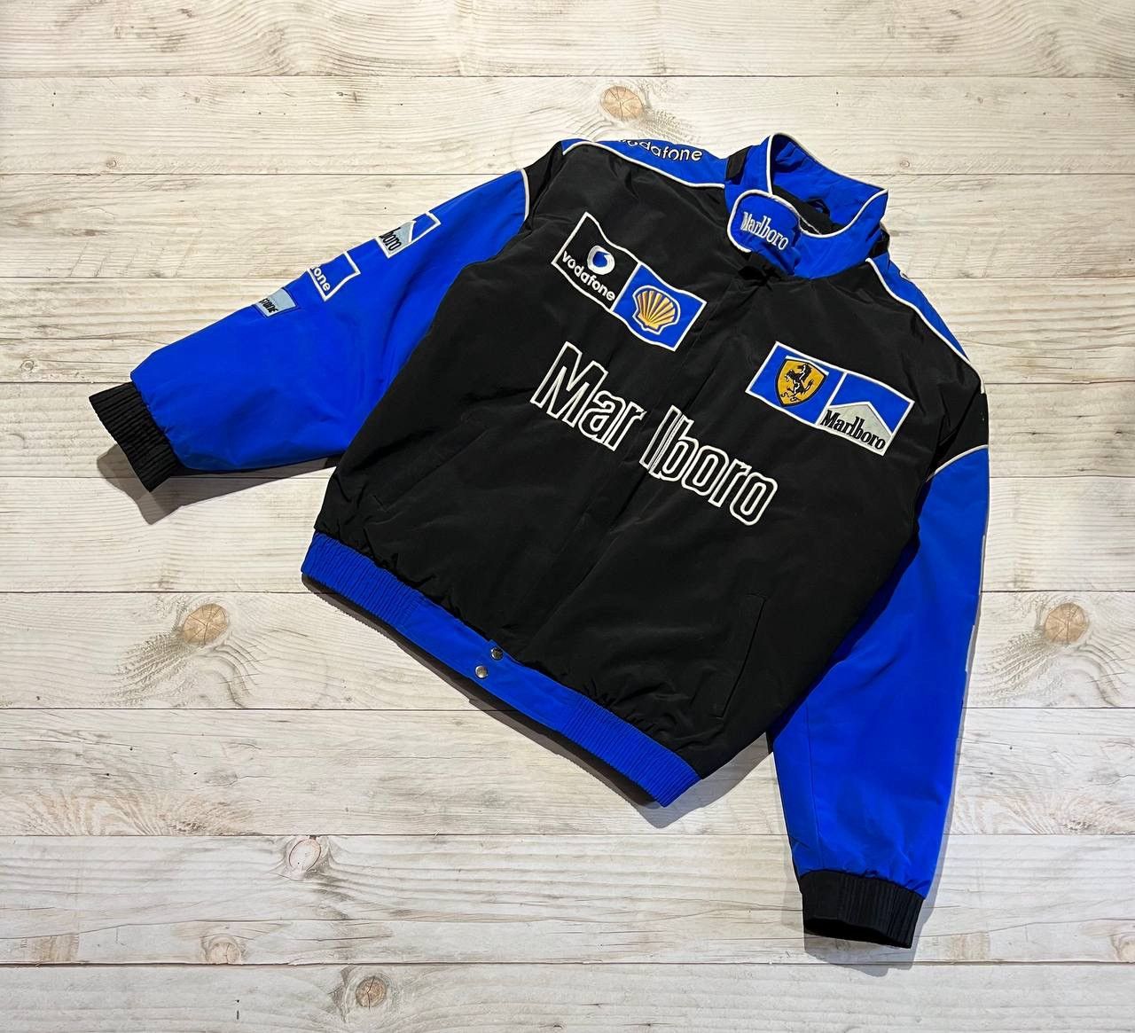 image of Vintage Ferrari Marlboro 90's Moto Big Logo Racing Jacket F1 in Blue, Men's (Size 2XL)