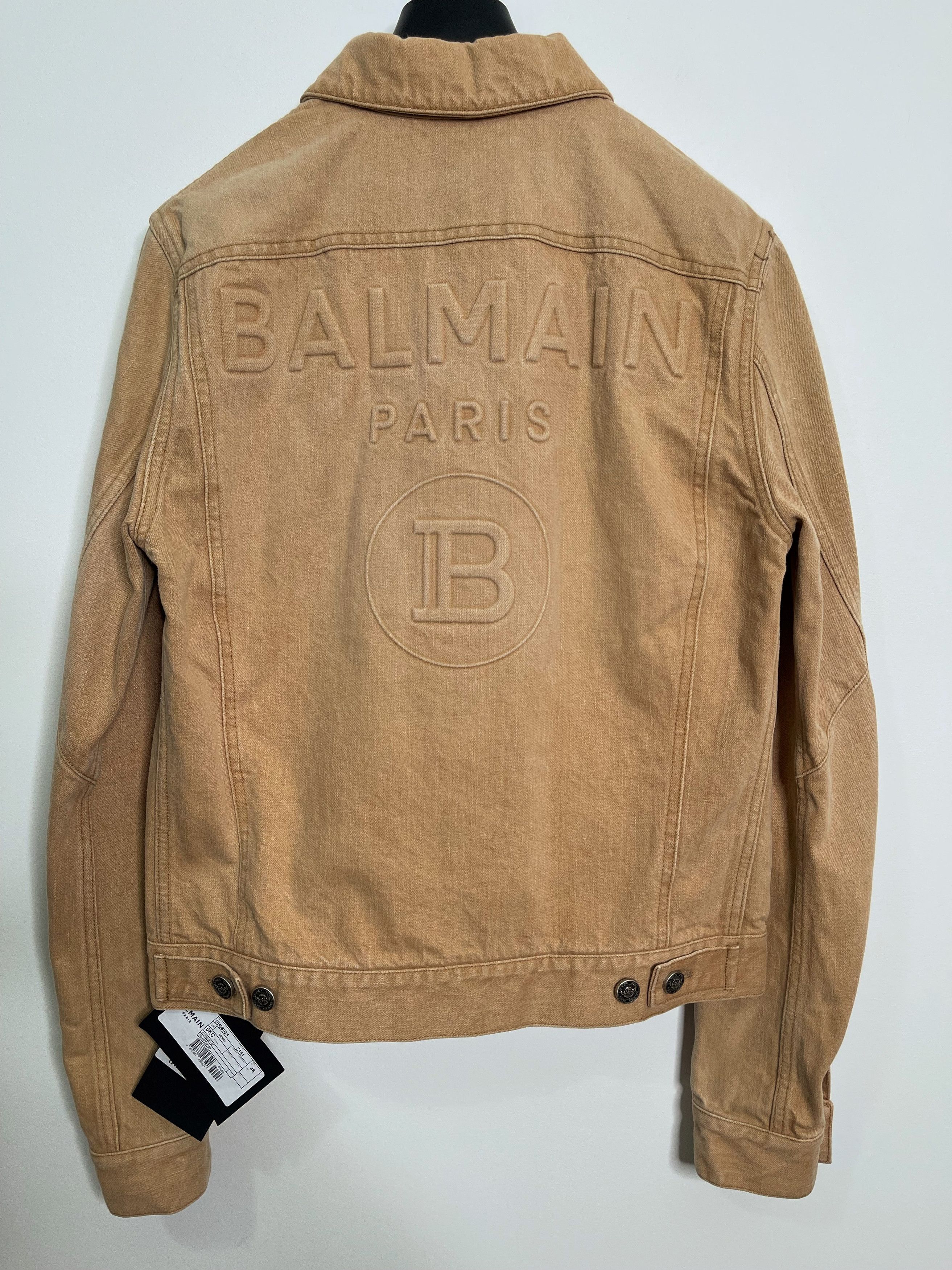 Image of Balmain Eu46 Denim Embossed Logo Overshirt Trucker Jacket Ss21 in Sand, Men's (Size Small)