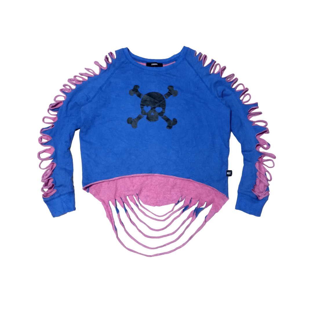 image of Hysteric Glamour Cyberpunk Othermix Skull Crop Cut Distressed Sweatshirt in Blue Pink, Women's (Siz