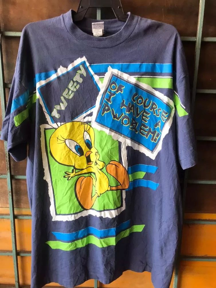 T-shirt Vintage Looney Tunes Tweety 1996 - Tie Dye Bleu - Taille L Enfant - Coton - Occasion