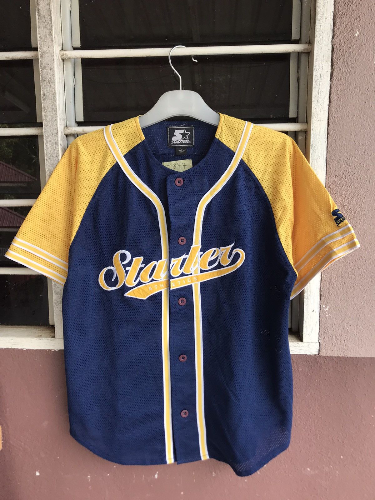 image of Archival Clothing x Starter Spellout Baseball Shirt in Navy, Men's (Size Large)