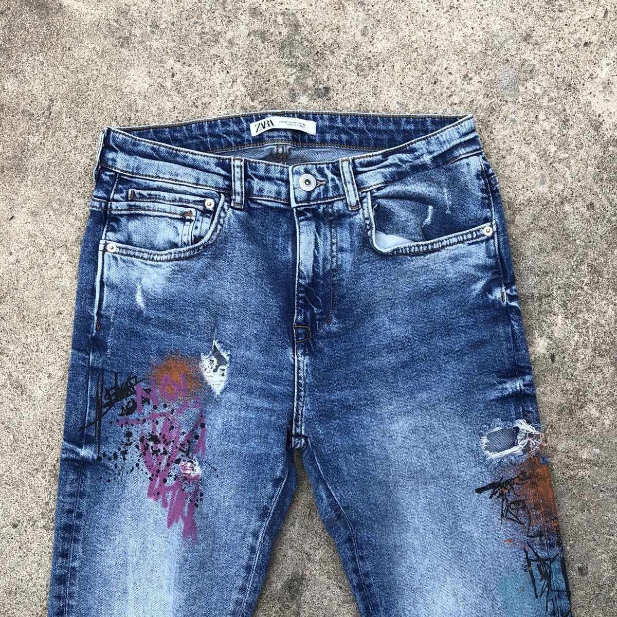 Zara 🔥Rare🔥ZARA Splash Mural Paint Rips Skinny Denim Jeans Size US 30 / EU 46 - 2 Thumbnail