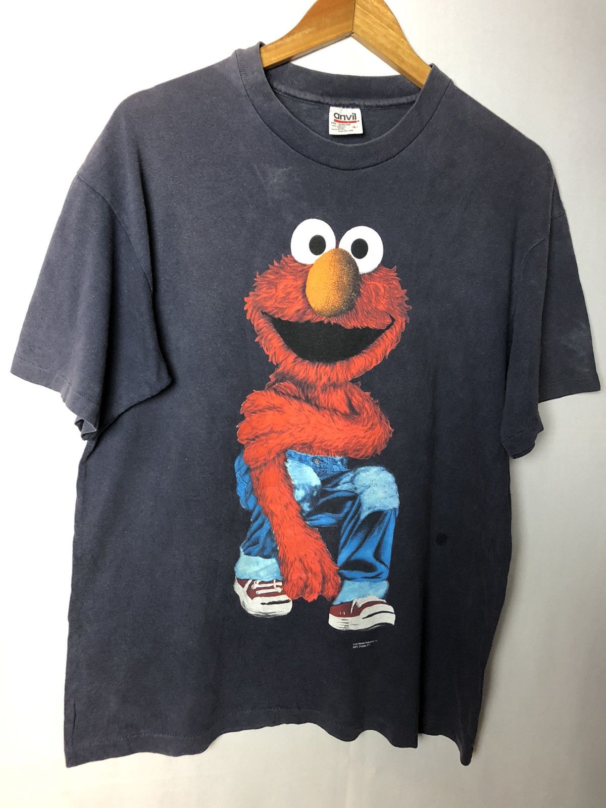 Anvil × Vintage 🔥SINGLE STITCH🔥90s Elmo style Faded dark blue shirt Size US L / EU 52-54 / 3 - 2 Thumbnail