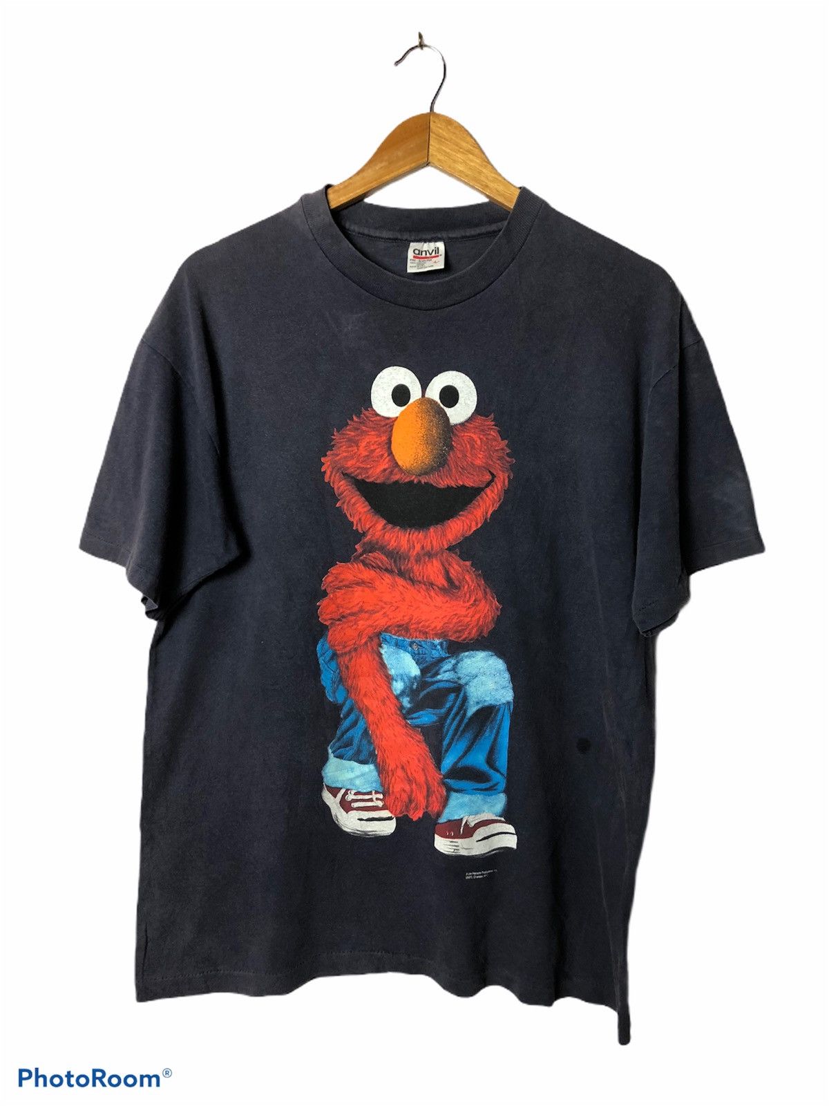 Anvil × Vintage 🔥SINGLE STITCH🔥90s Elmo style Faded dark blue shirt Size US L / EU 52-54 / 3 - 1 Thumbnail