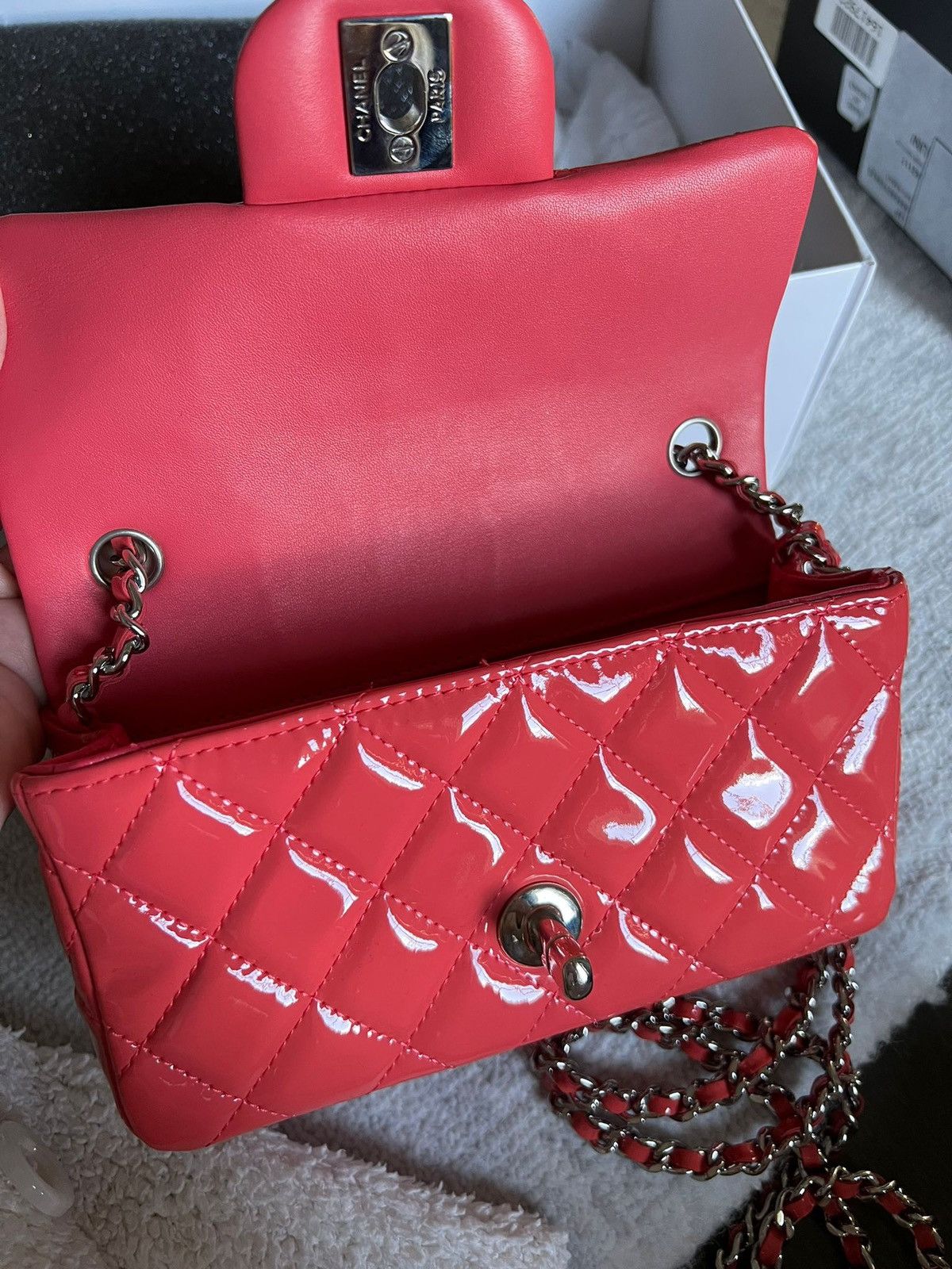 Chanel Chanel Coral Quilted Patent Leather Mini Classic Flap Bag Size ONE SIZE - 12 Thumbnail