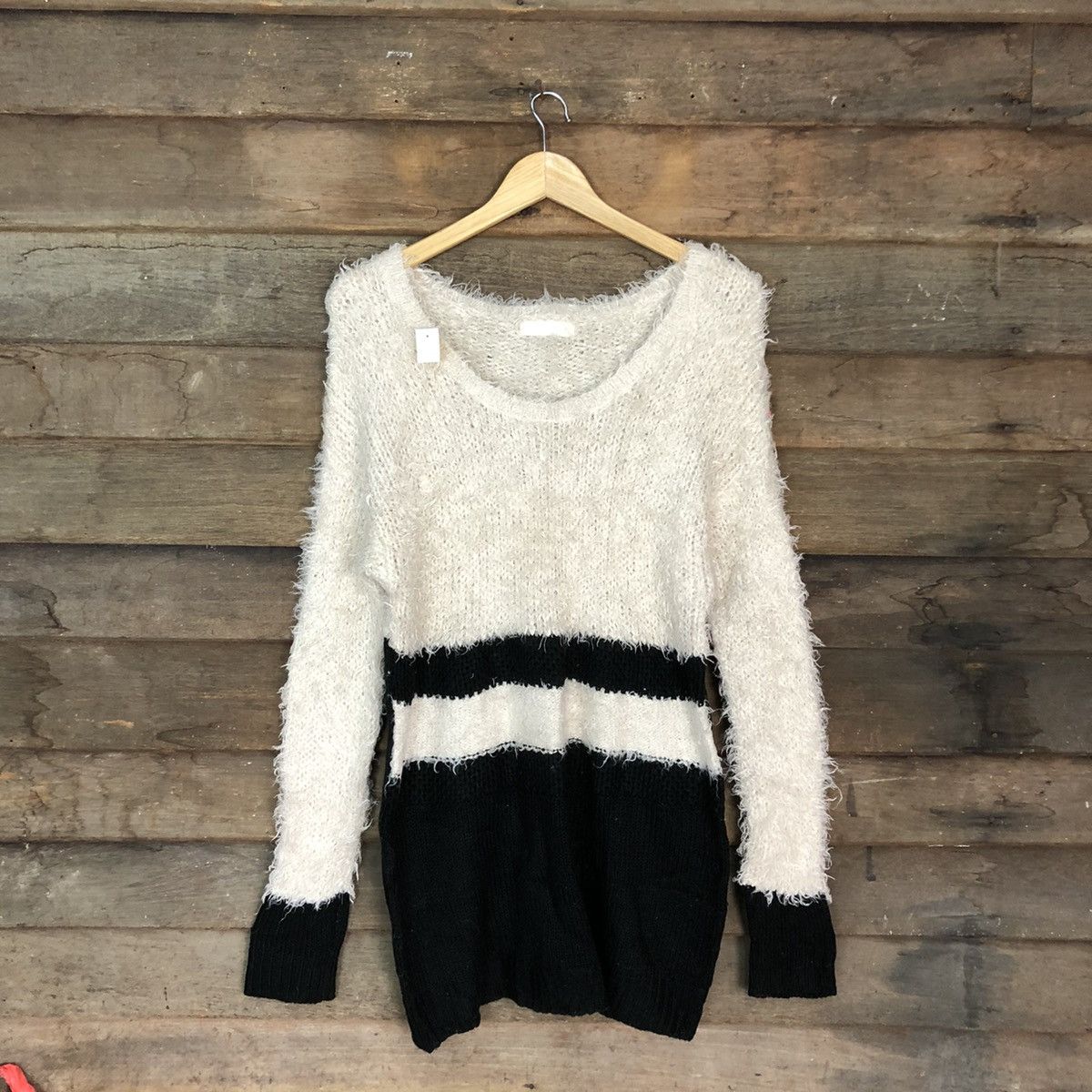 Homespun Knitwear × Japanese Brand DL Jeanasis Cream/Black Mohair Shag Shaggy Knitwear #B633 Size L / US 10 / IT 46 - 1 Thumbnail