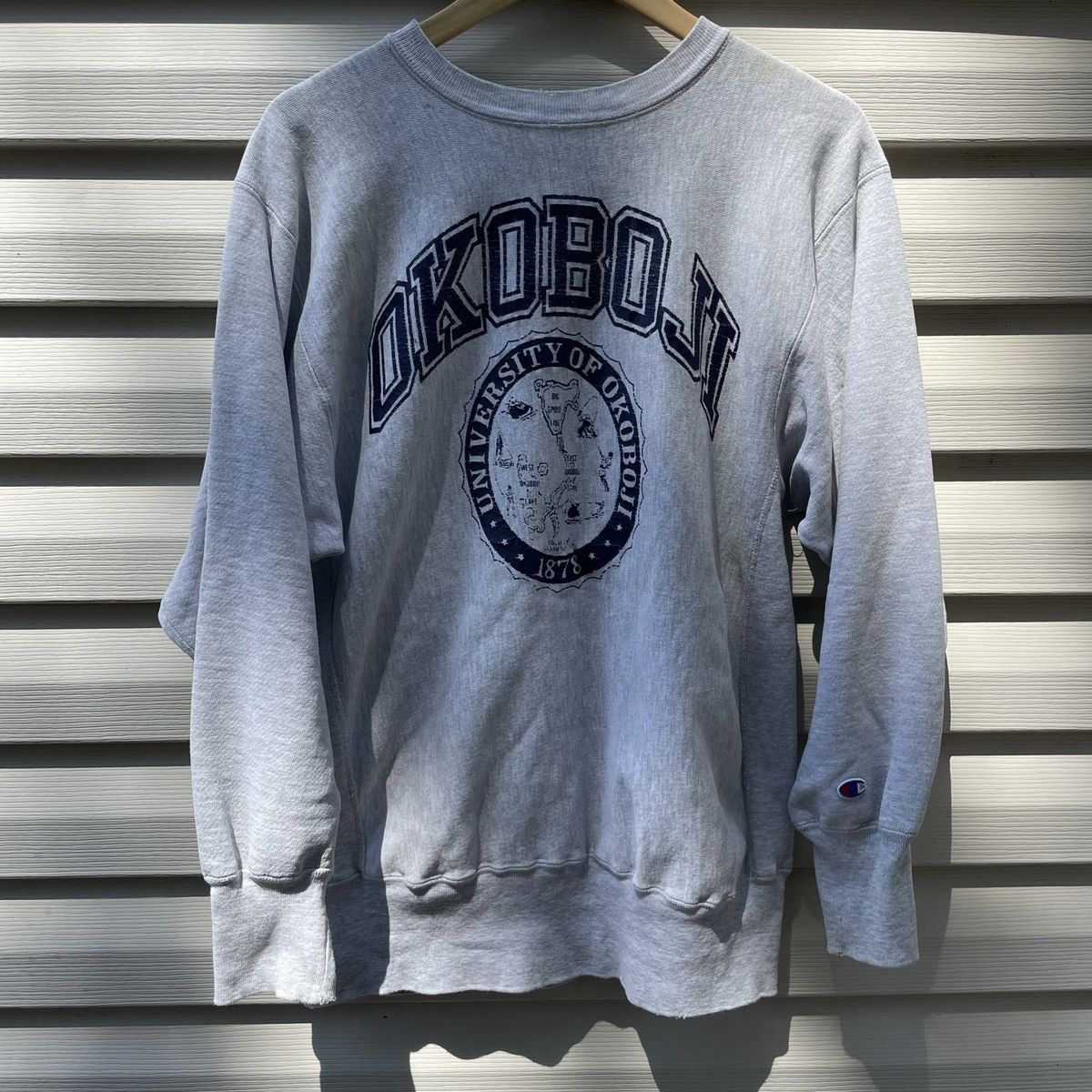 image of American College x Champion 90's University Of Okoboji Chanpion Reverse Weave in Grey (Size XL)