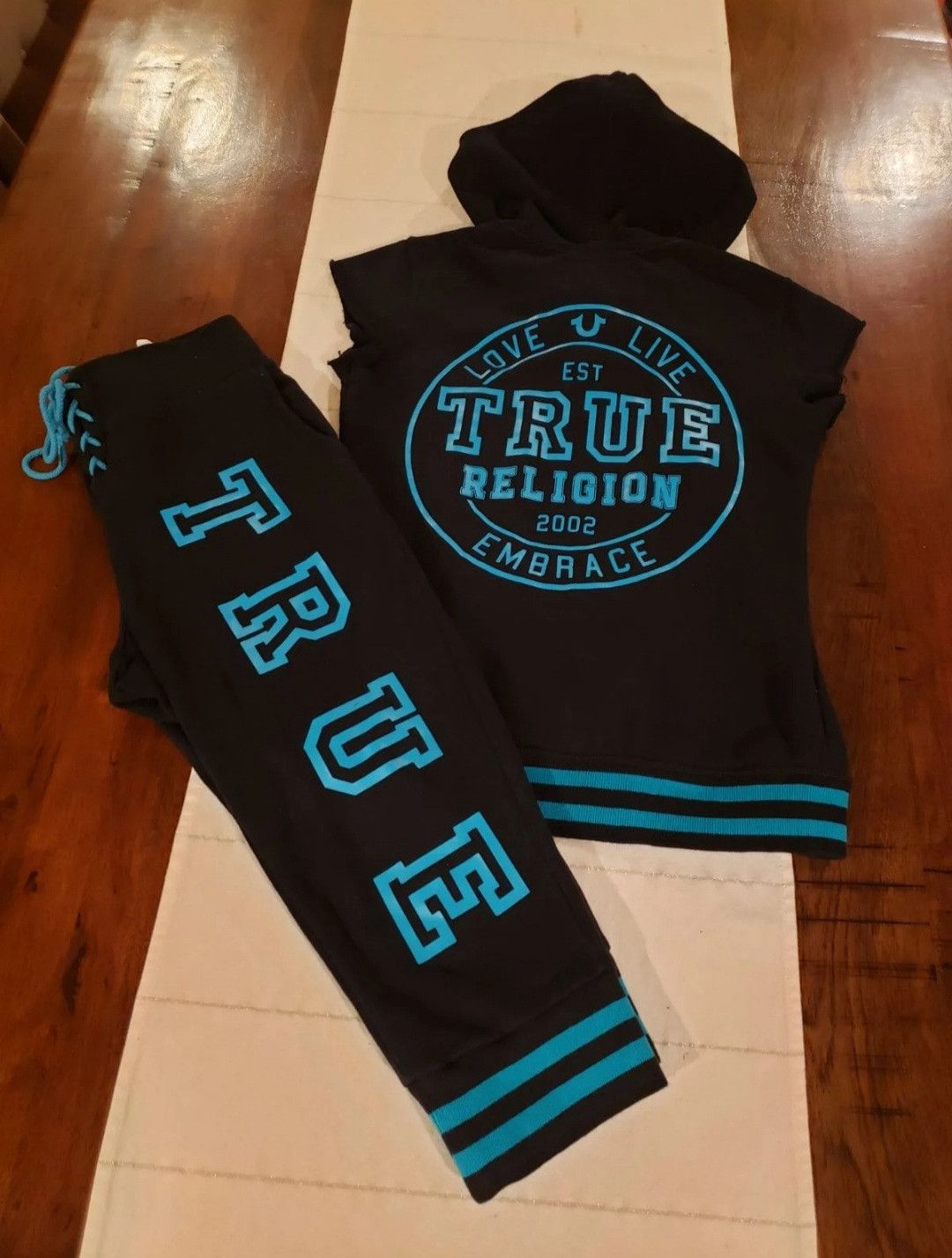 image of True Religion Hoodie And Lace Up Capri Sweatsuit in Black/Blue, Women's (Size XS)