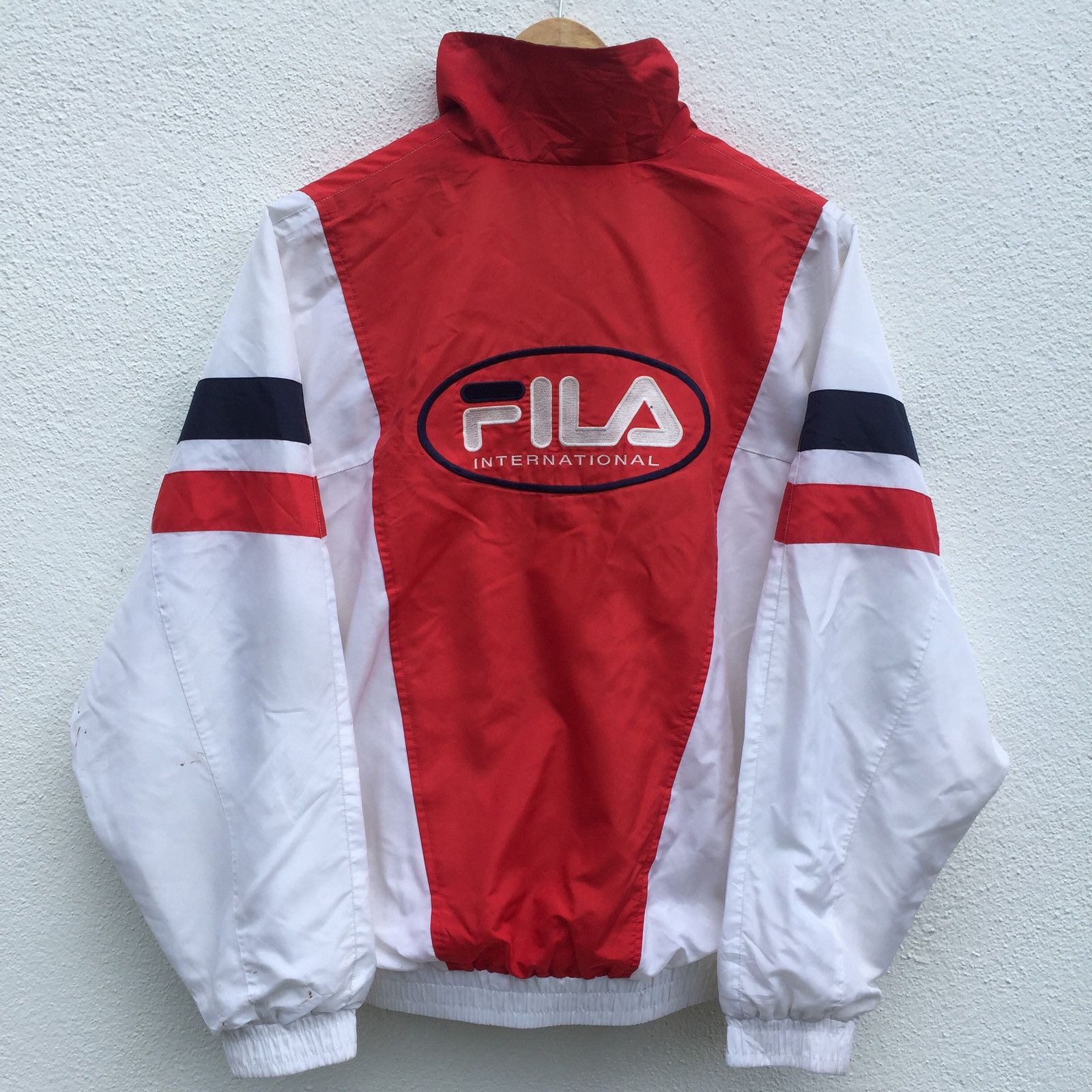 image of Vintage 90's Fila International Big Embroidered Logo Jacket in Red White, Men's (Size XL)