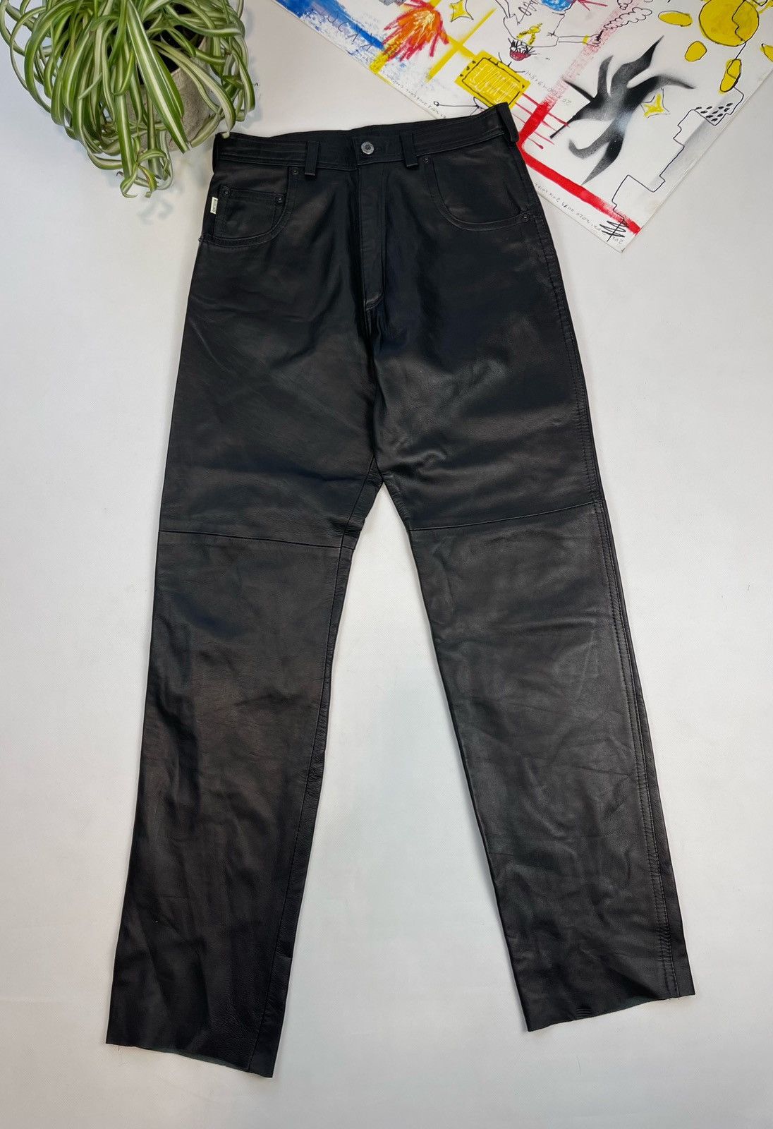 Leather × Vintage 90s Vintage Leather Biker Pants made in England Size US 31 - 2 Thumbnail