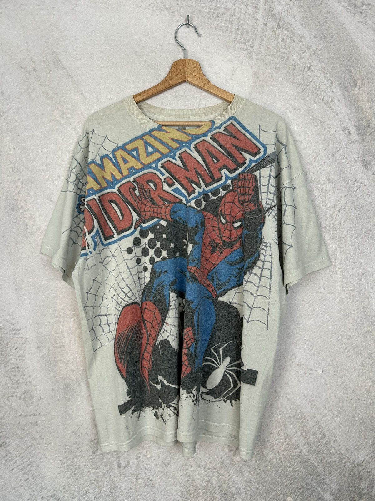 image of Vintage Spider-Man Marvel Comics Aop Graphic Tee Movie Film in Cream, Men's (Size XL)