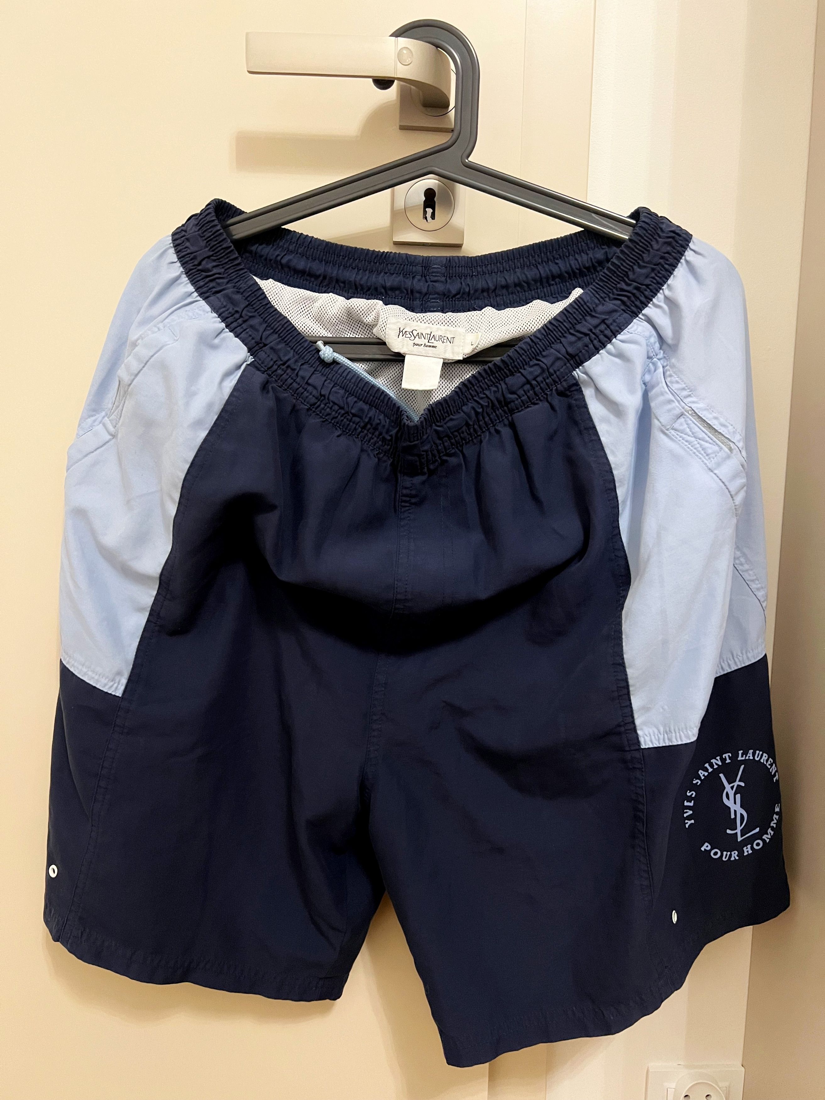Vintage 90s YSL Yves Saint Laurent Big Logo Navy Shorts L