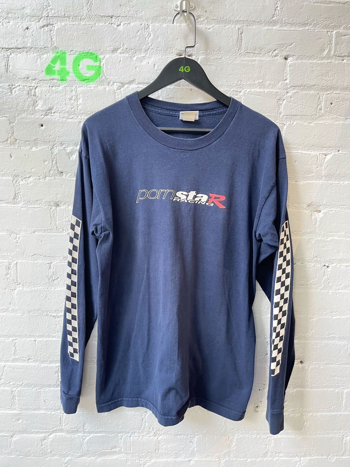 image of Vintage 90's Pornstar Porn Racing Checkered Shirt 4Gseller in Navy, Men's (Size Large)