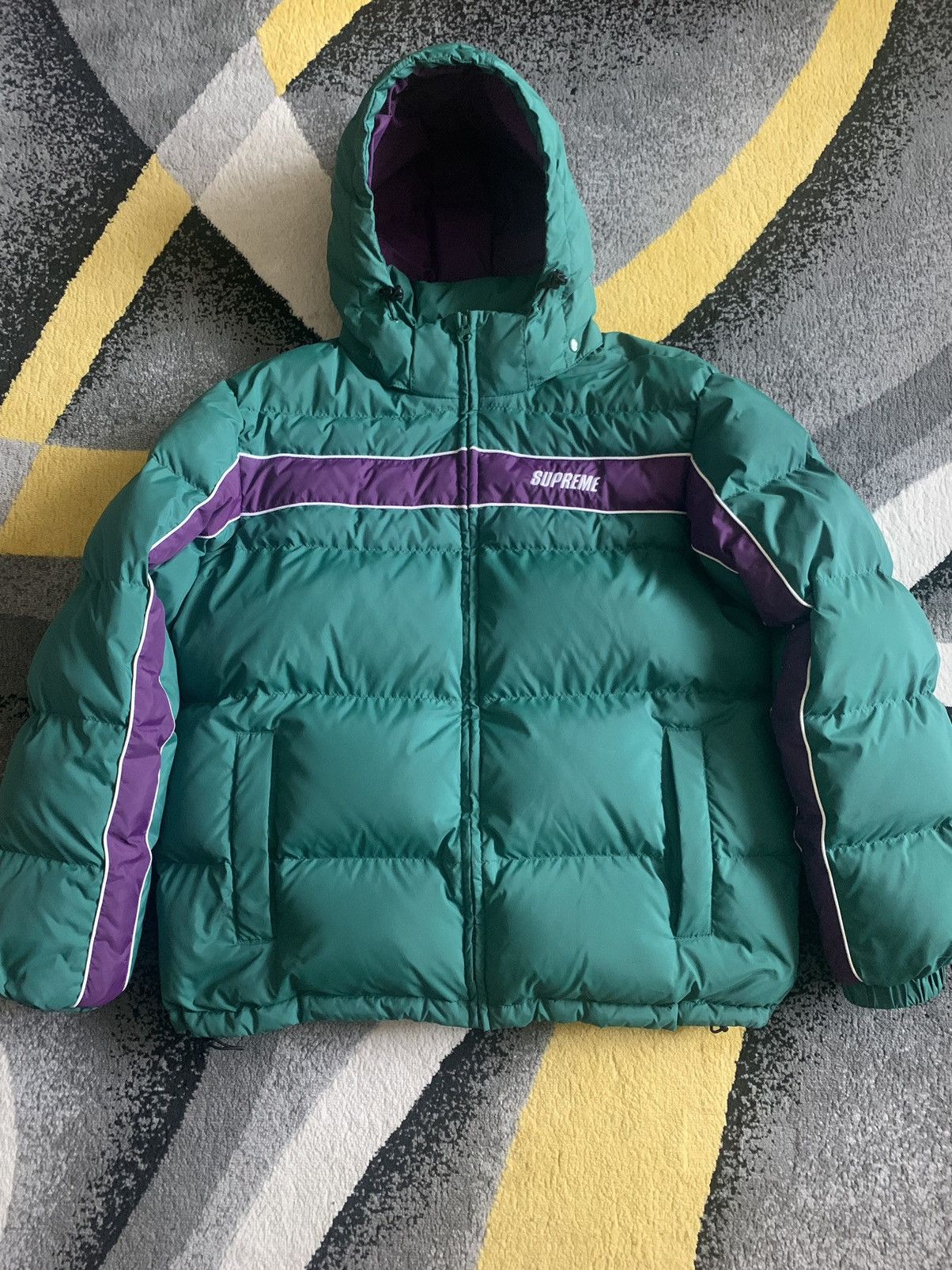 Pre-owned Supreme Green Purple Stripe Puffer Jacket Fw18
