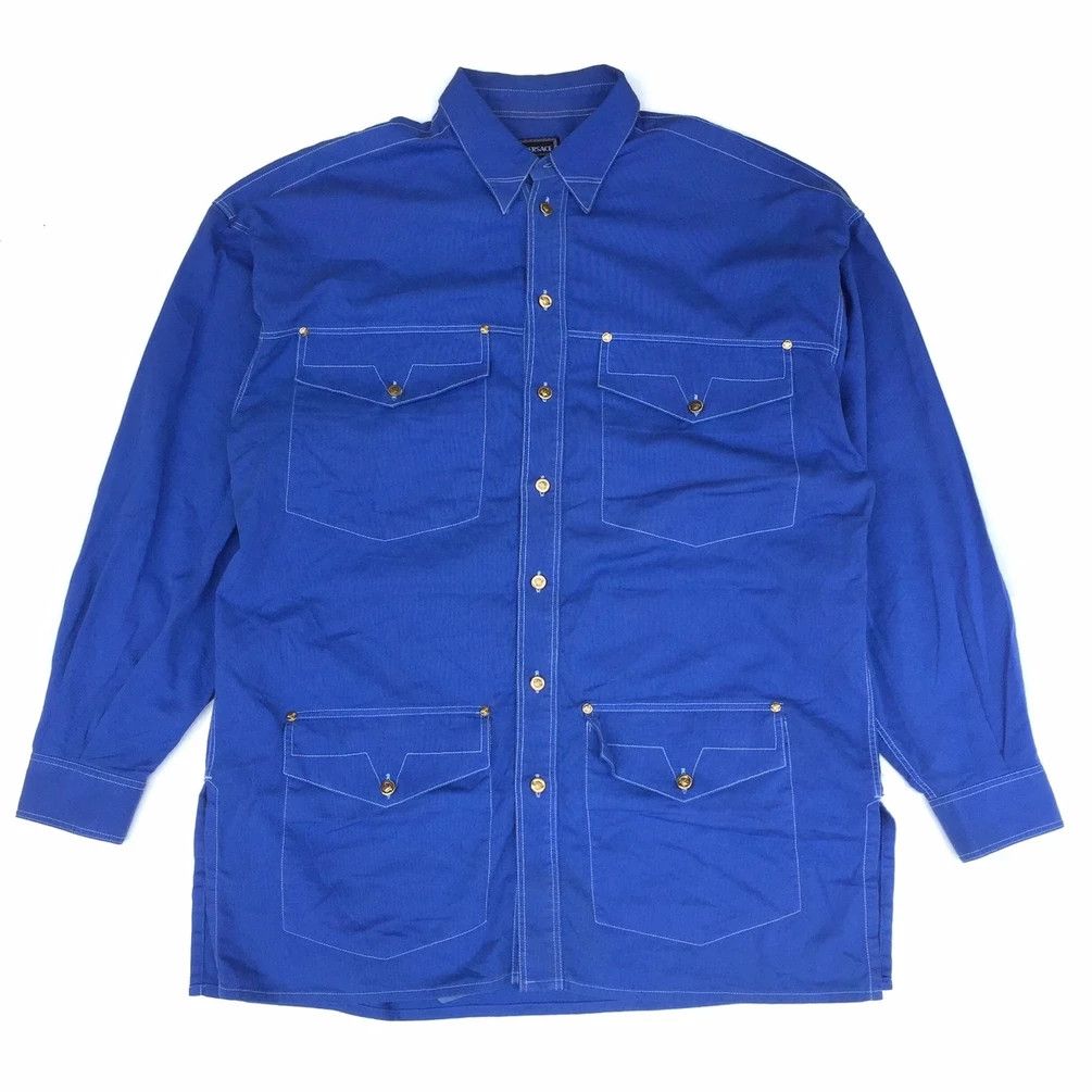 image of Versace Button Up Four Pocket Overshirt/soft Denim Jacket in Light Blue, Men's (Size XL)