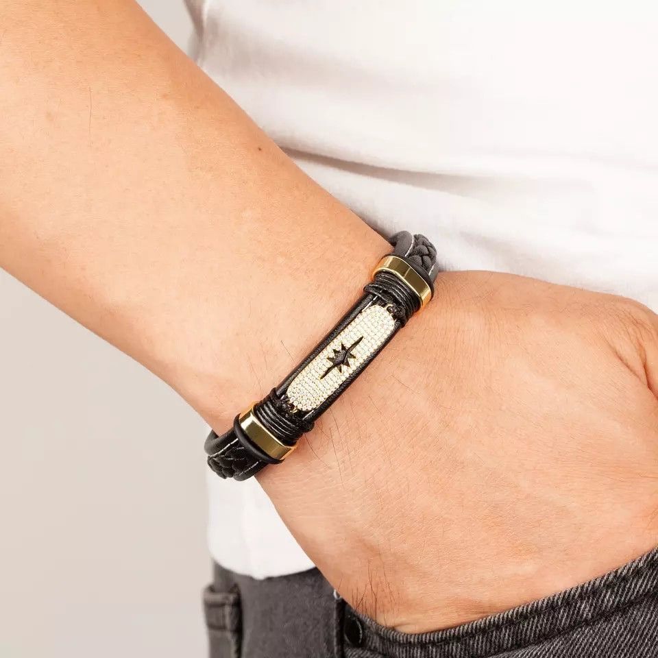 Jewelry Gold-Plated 316 Stainless Steel Leather Cord Bracelet Size ONE SIZE - 2 Thumbnail
