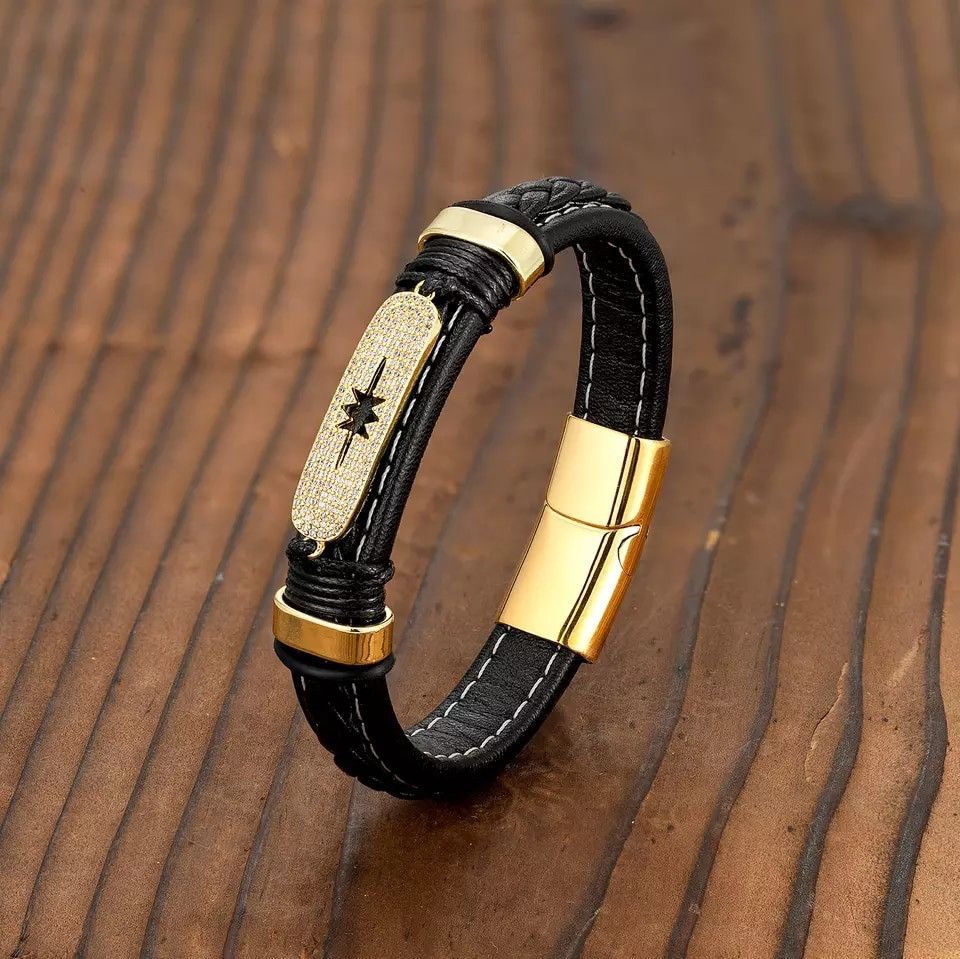 Jewelry Gold-Plated 316 Stainless Steel Leather Cord Bracelet Size ONE SIZE - 1 Thumbnail